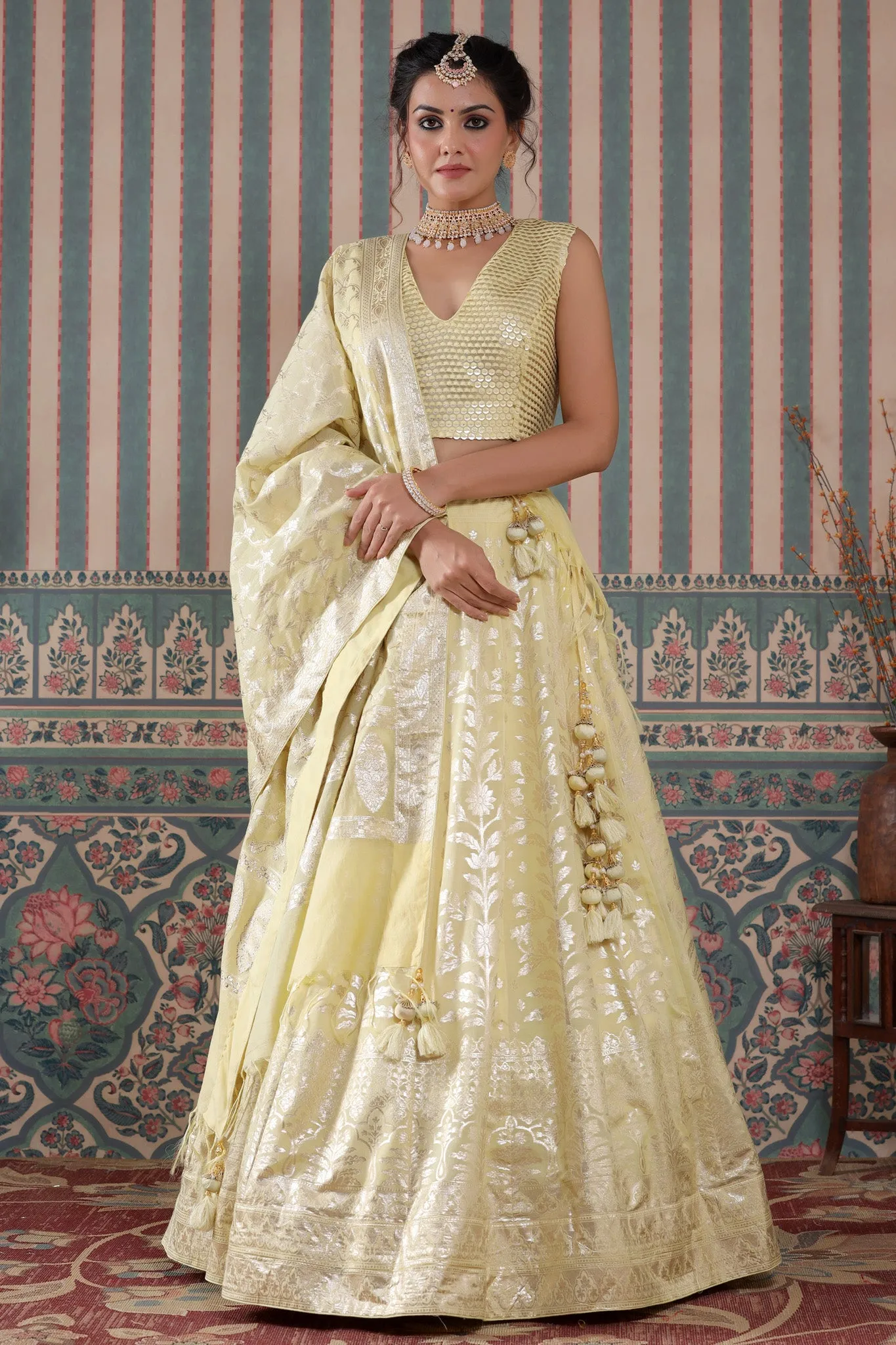 30Z244-RO Yellow Floral Zari Embroidered Silk Lehenga Set