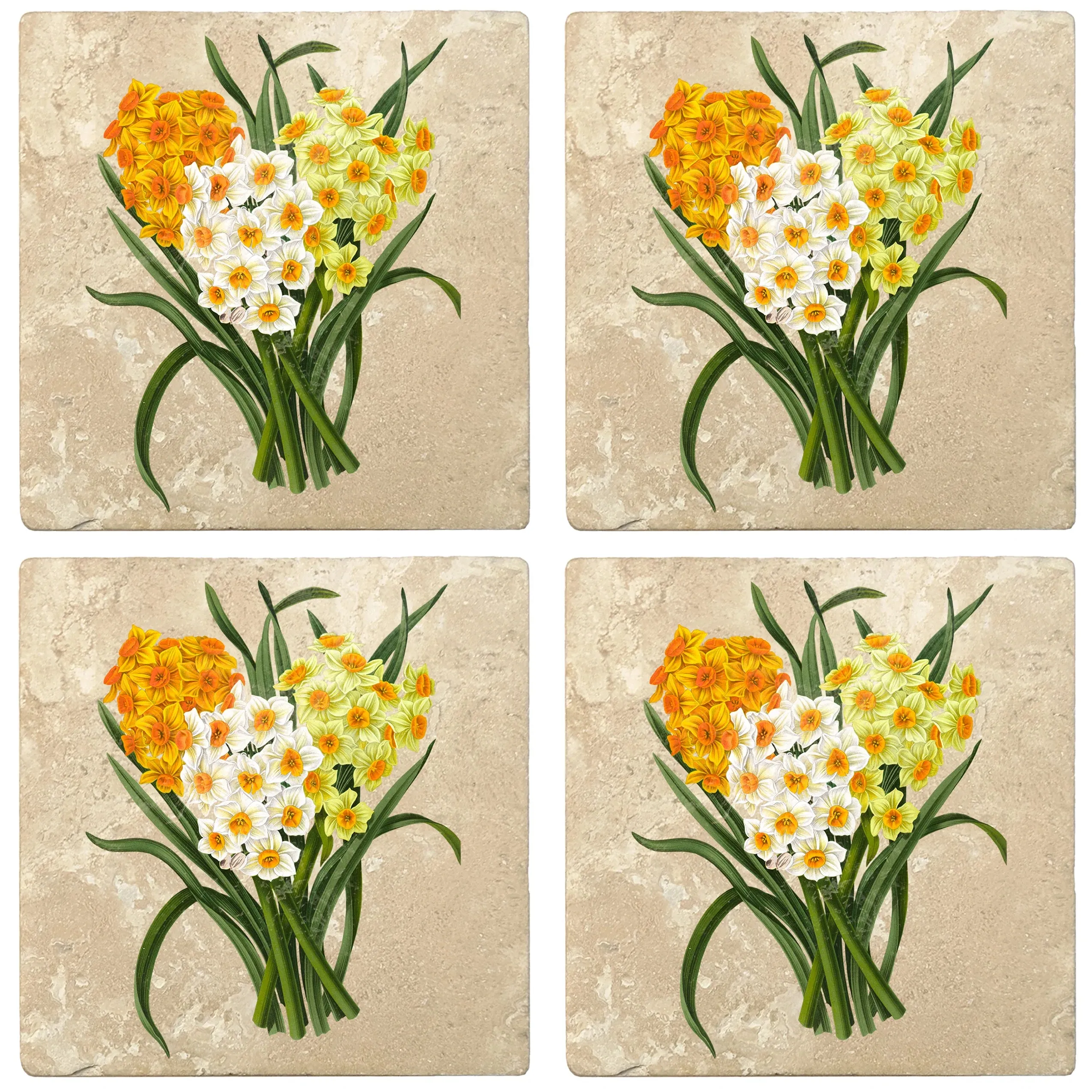 4" Absorbent Stone Flower Designs Drink Coasters, Daffodil Bunch, 2 Sets of 4, 8 Pieces