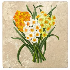 4" Absorbent Stone Flower Designs Drink Coasters, Daffodil Bunch, 2 Sets of 4, 8 Pieces