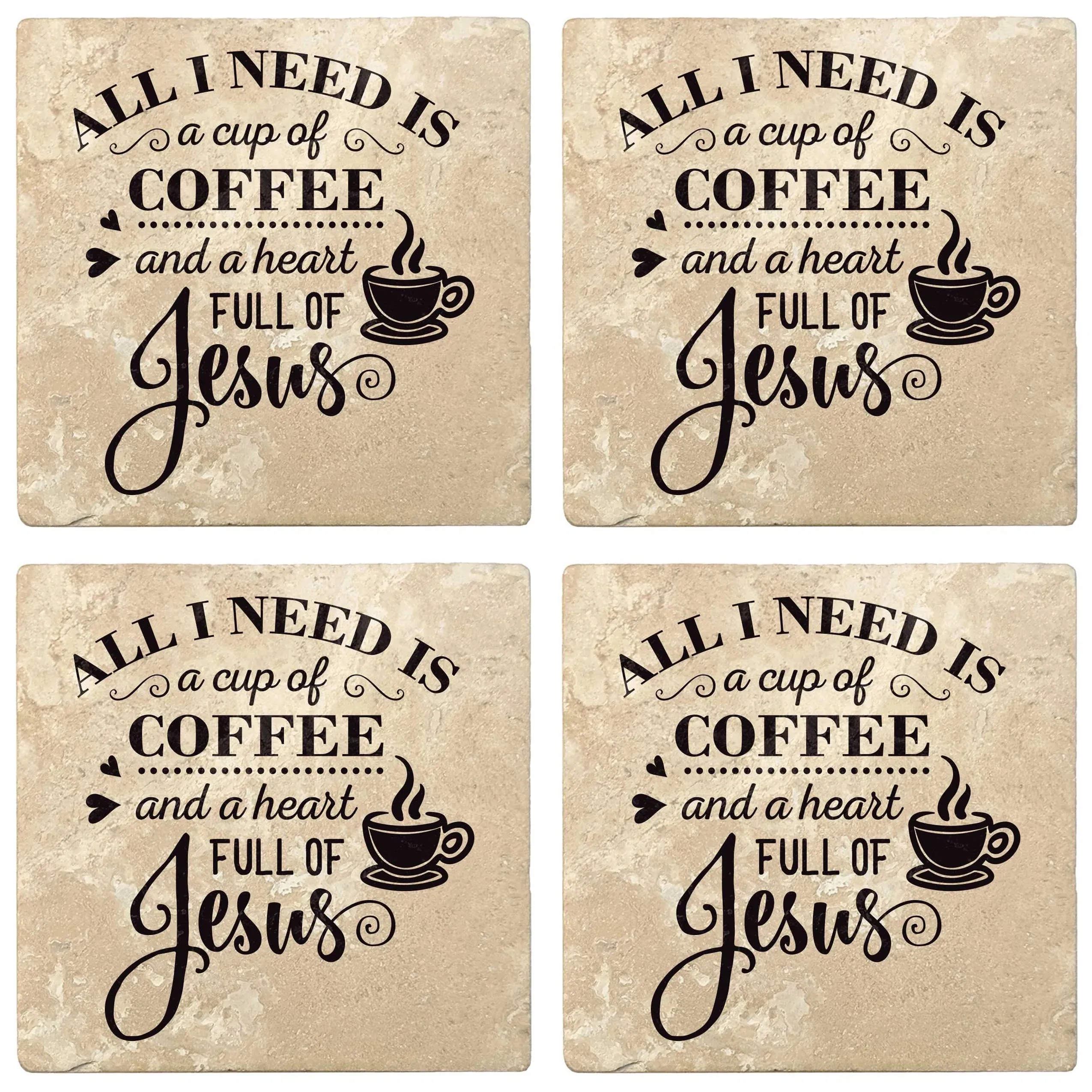 4" Absorbent Stone Religious Drink Coasters, Cup Of Coffee And A Heart Full Of Jesus, 2 Sets of 4, 8 Pieces