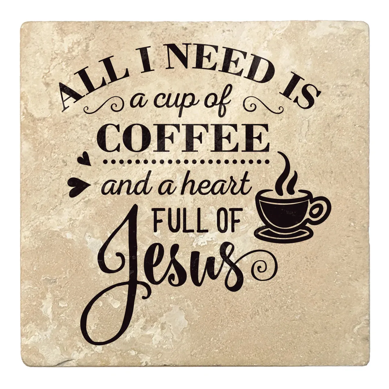 4" Absorbent Stone Religious Drink Coasters, Cup Of Coffee And A Heart Full Of Jesus, 2 Sets of 4, 8 Pieces