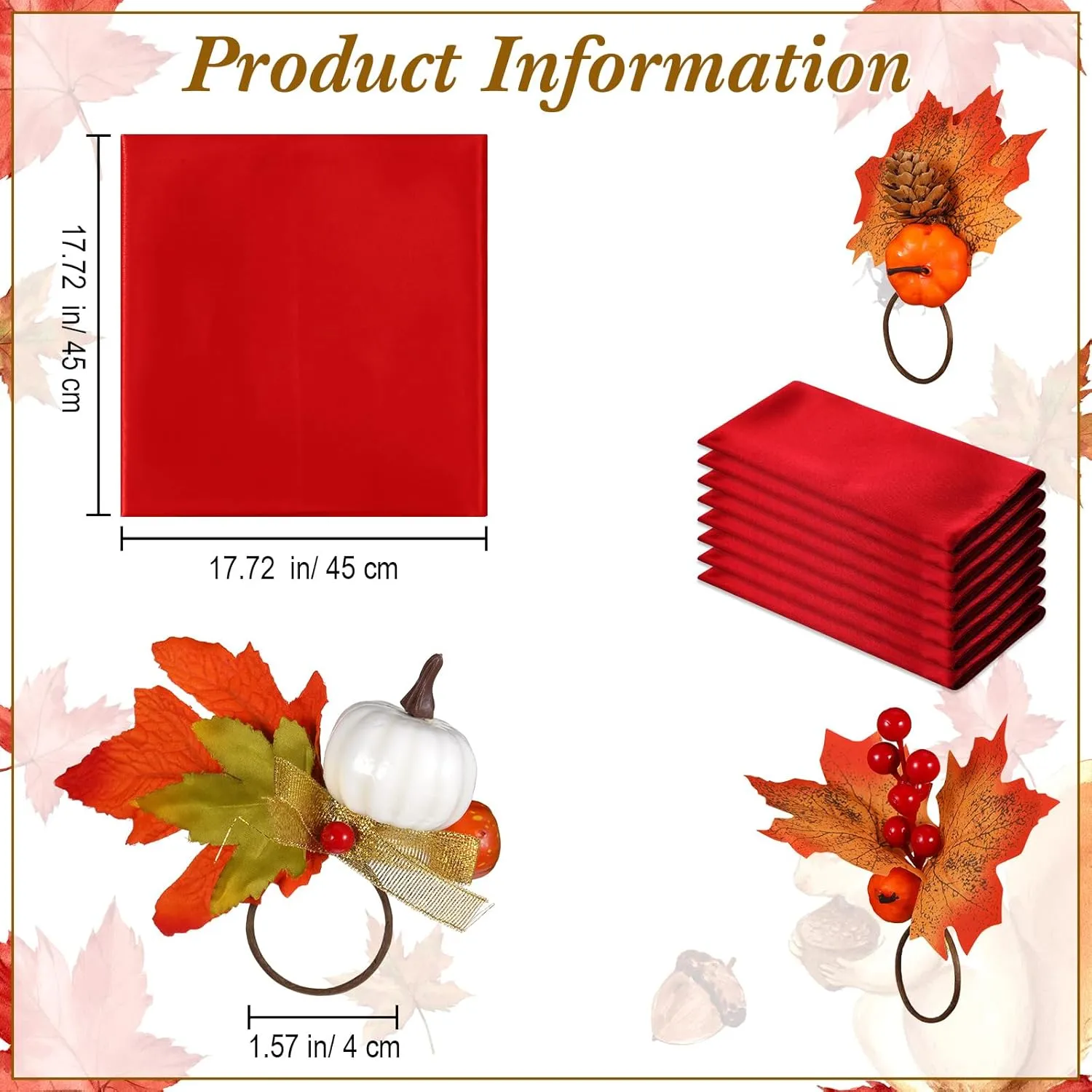 8-Piece Fall Napkin & Napkin Ring Set – Reusable Pumpkin & Maple Leaf Holders with Cloth Napkins for Thanksgiving Decor