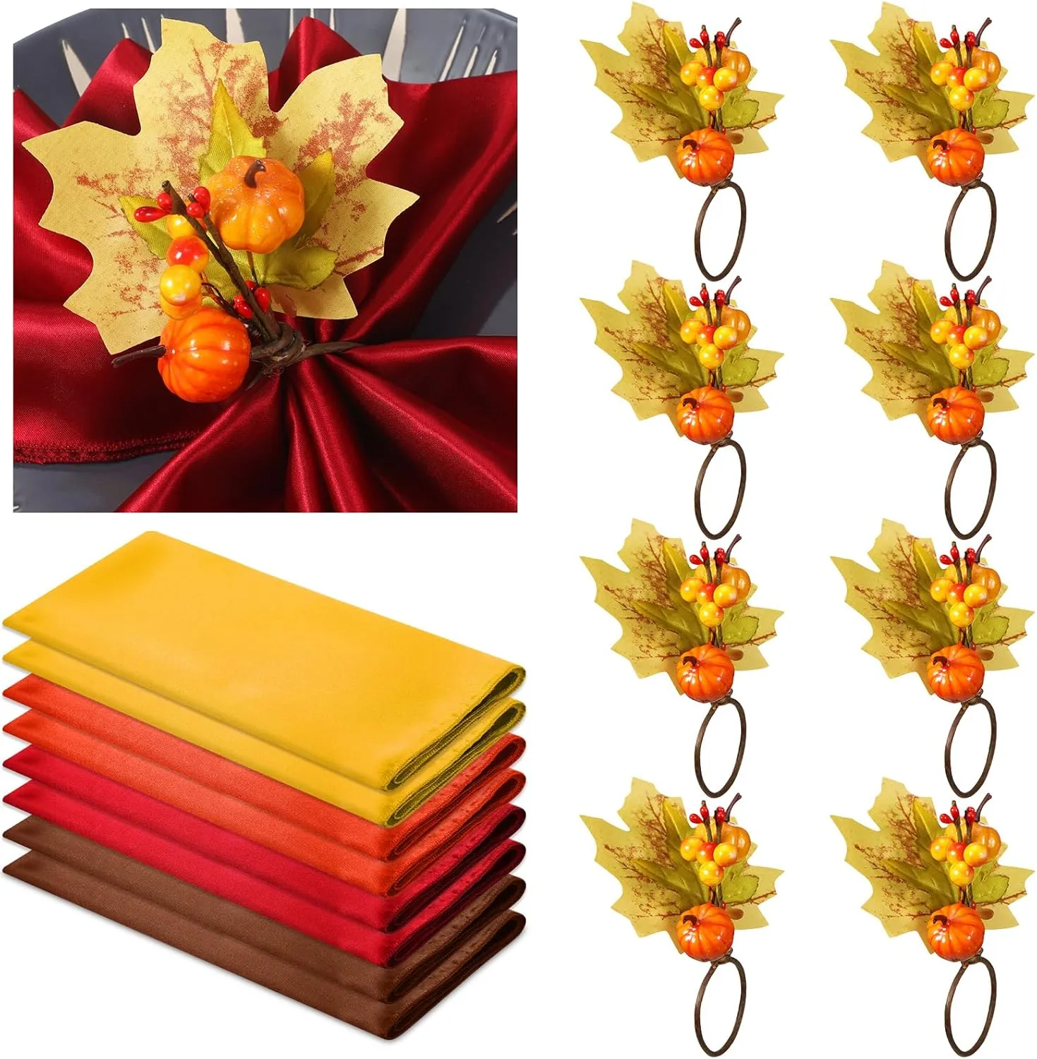 8-Piece Fall Napkin & Napkin Ring Set – Reusable Pumpkin & Maple Leaf Holders with Cloth Napkins for Thanksgiving Decor