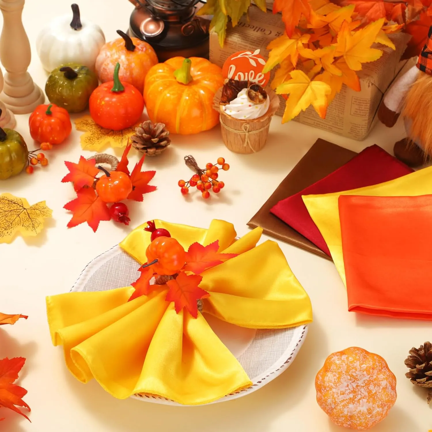 8-Piece Fall Napkin & Napkin Ring Set – Reusable Pumpkin & Maple Leaf Holders with Cloth Napkins for Thanksgiving Decor