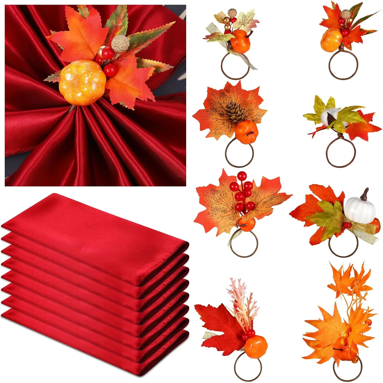 8-Piece Fall Napkin & Napkin Ring Set – Reusable Pumpkin & Maple Leaf Holders with Cloth Napkins for Thanksgiving Decor