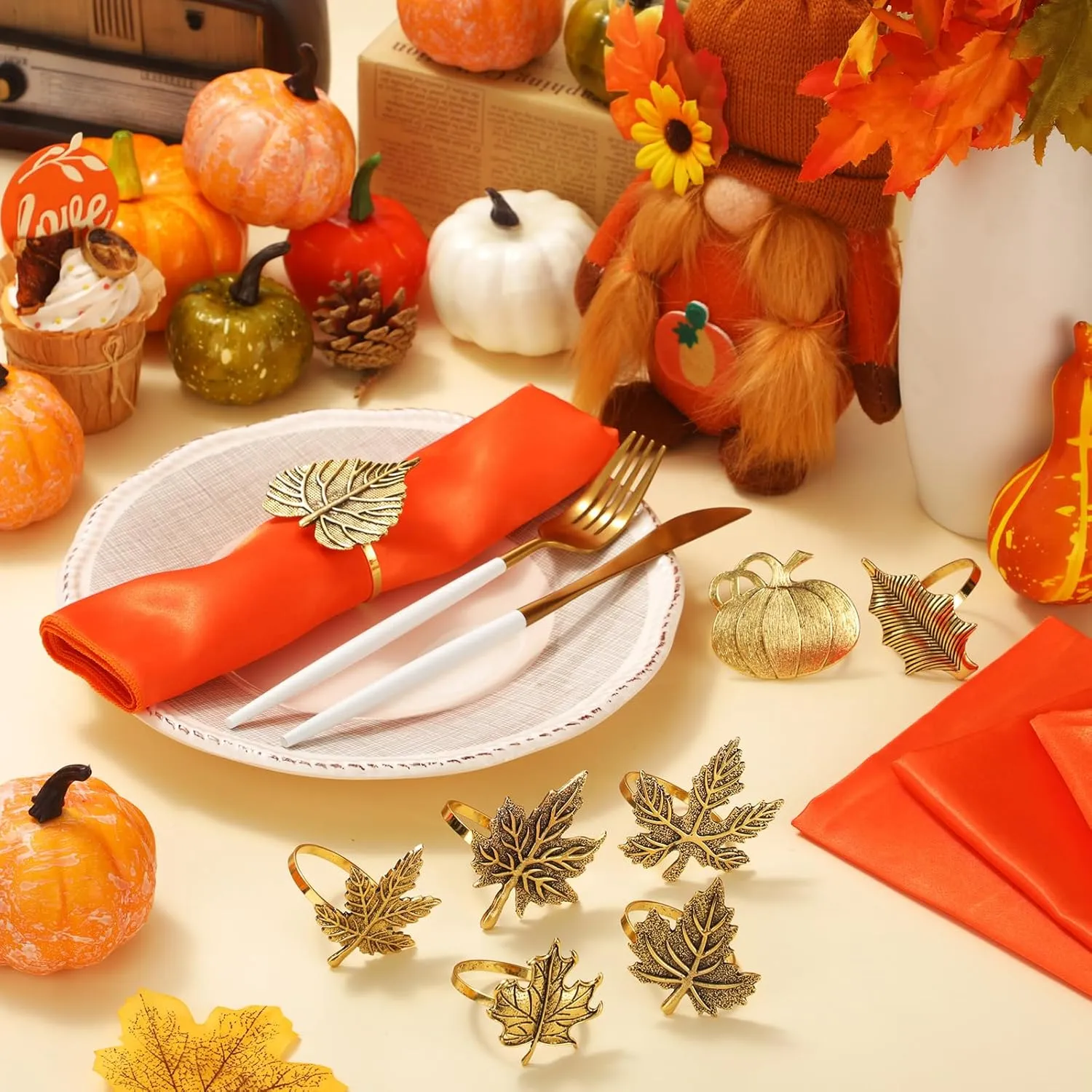 8-Piece Fall Napkin & Napkin Ring Set – Reusable Pumpkin & Maple Leaf Holders with Cloth Napkins for Thanksgiving Decor