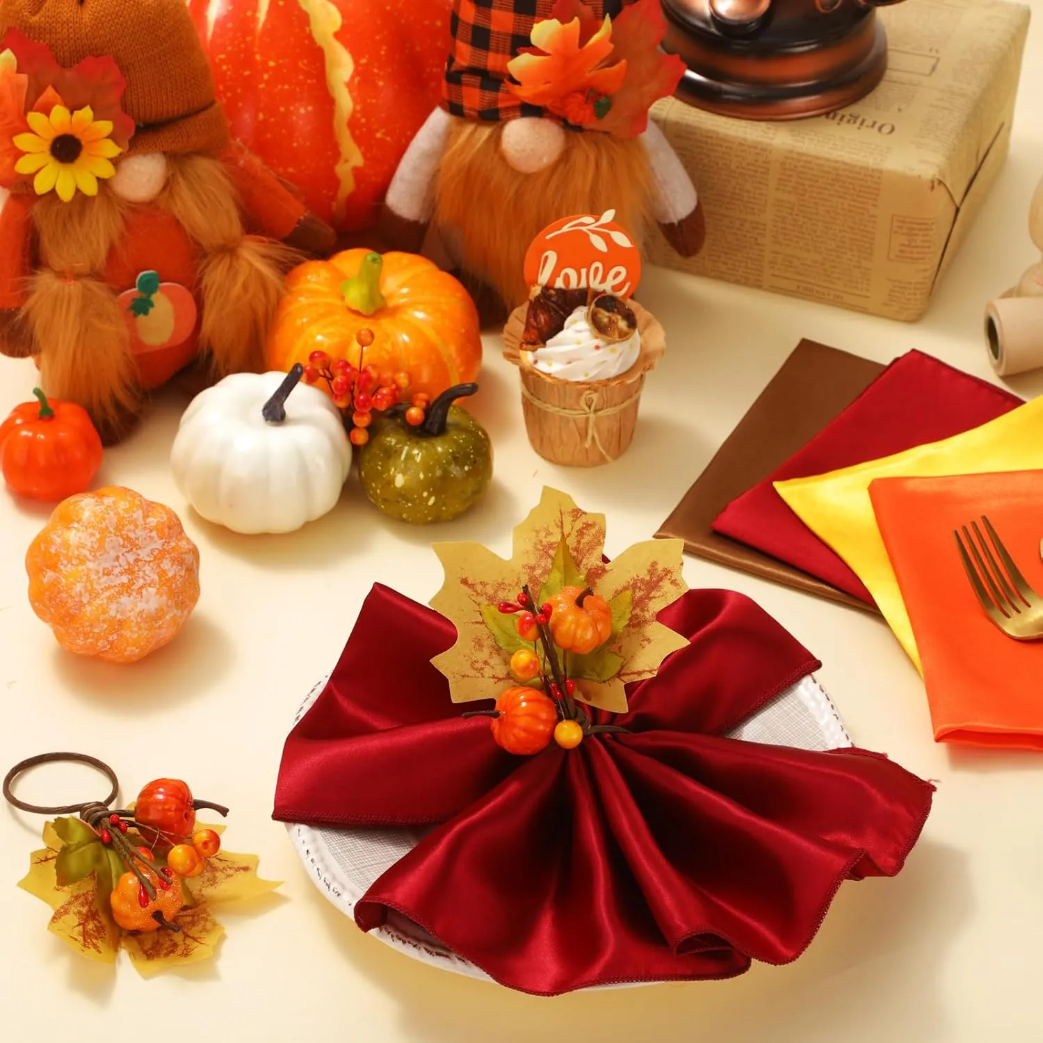 8-Piece Fall Napkin & Napkin Ring Set – Reusable Pumpkin & Maple Leaf Holders with Cloth Napkins for Thanksgiving Decor