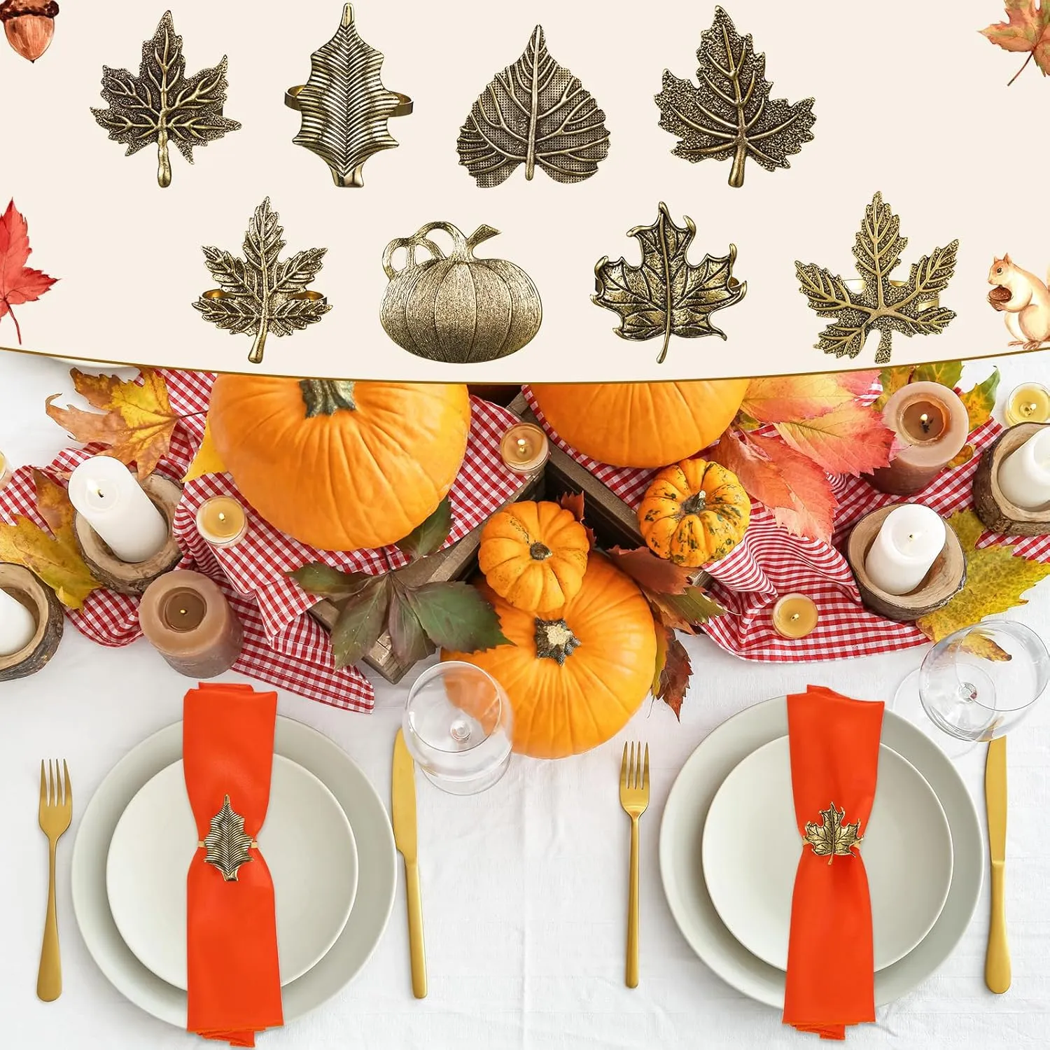 8-Piece Fall Napkin & Napkin Ring Set – Reusable Pumpkin & Maple Leaf Holders with Cloth Napkins for Thanksgiving Decor