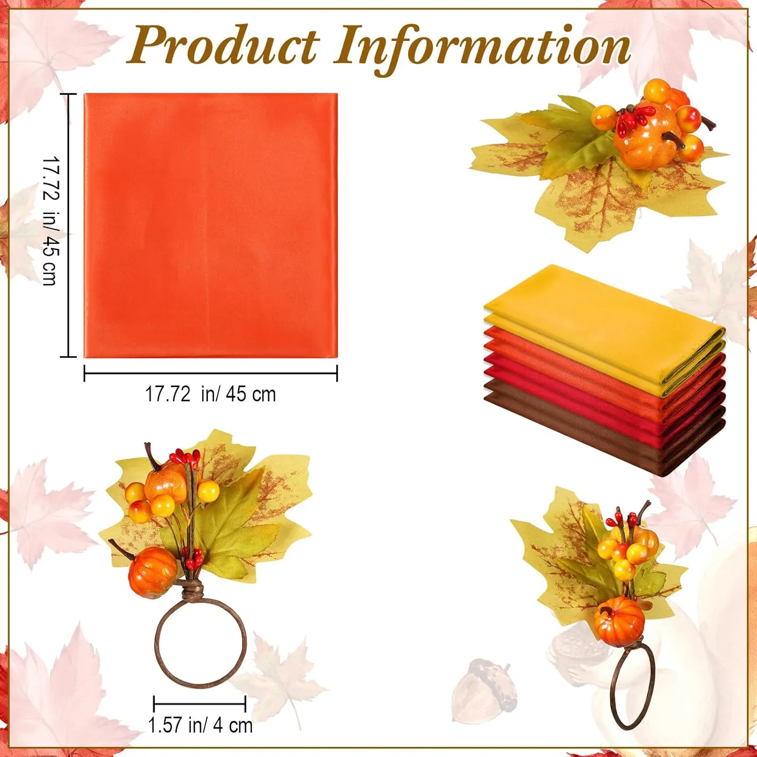 8-Piece Fall Napkin & Napkin Ring Set – Reusable Pumpkin & Maple Leaf Holders with Cloth Napkins for Thanksgiving Decor