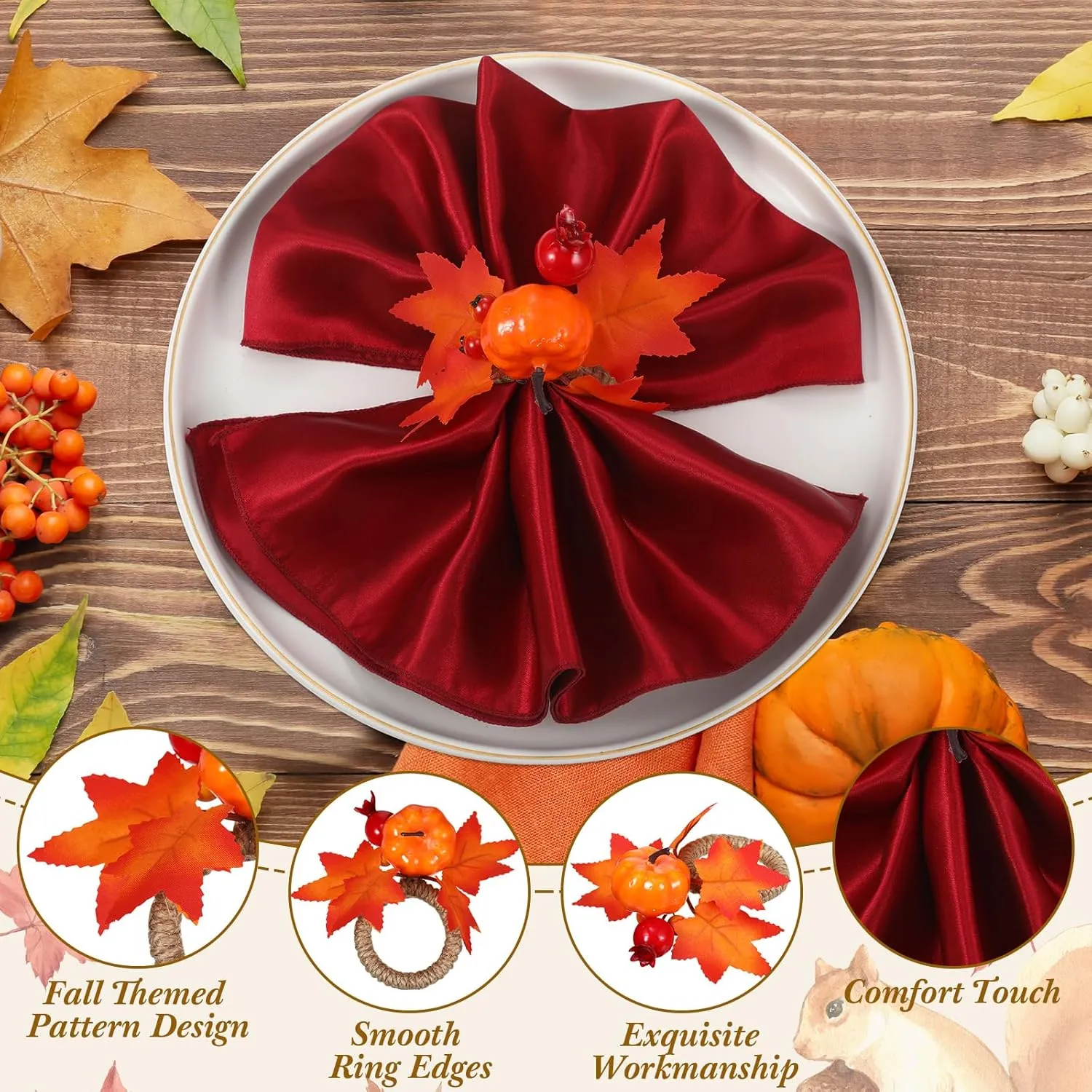 8-Piece Fall Napkin & Napkin Ring Set – Reusable Pumpkin & Maple Leaf Holders with Cloth Napkins for Thanksgiving Decor