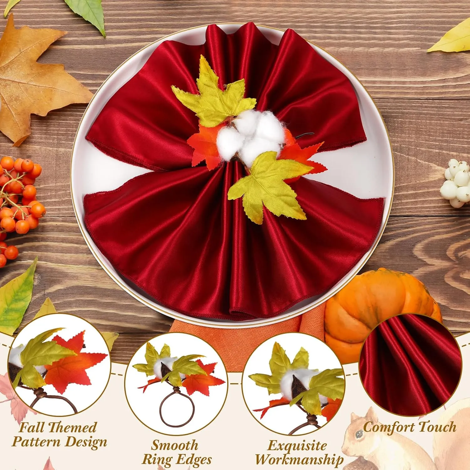 8-Piece Fall Napkin & Napkin Ring Set – Reusable Pumpkin & Maple Leaf Holders with Cloth Napkins for Thanksgiving Decor