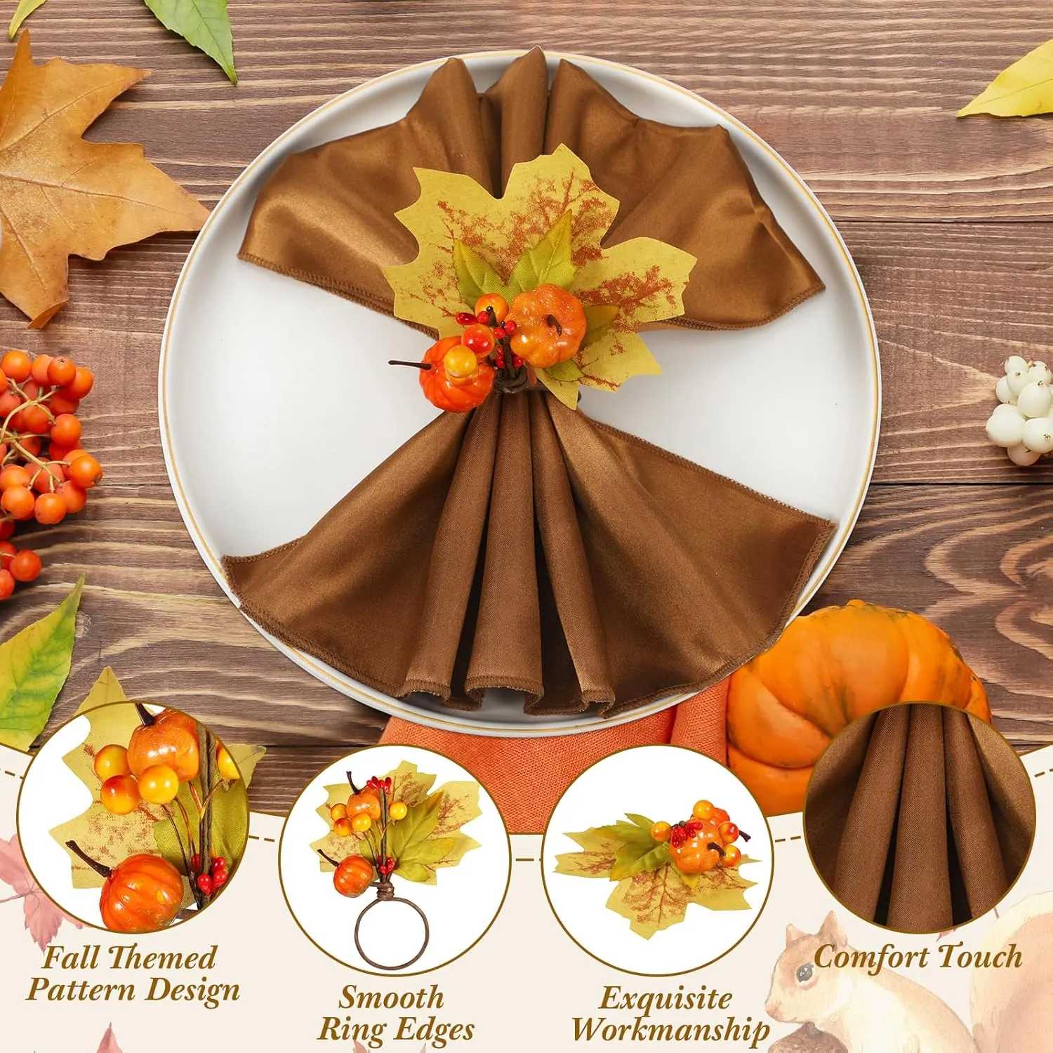 8-Piece Fall Napkin & Napkin Ring Set – Reusable Pumpkin & Maple Leaf Holders with Cloth Napkins for Thanksgiving Decor