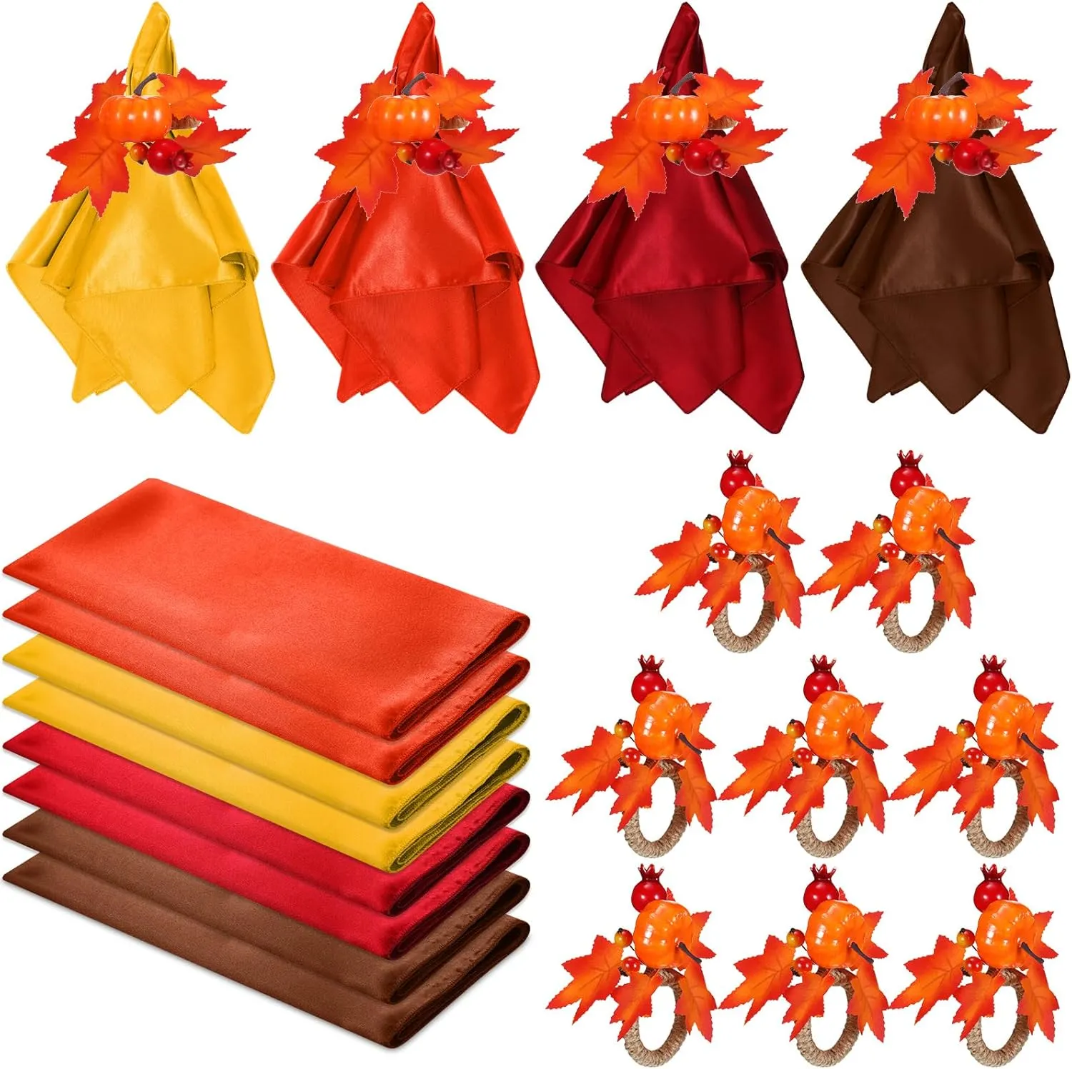 8-Piece Fall Napkin & Napkin Ring Set – Reusable Pumpkin & Maple Leaf Holders with Cloth Napkins for Thanksgiving Decor