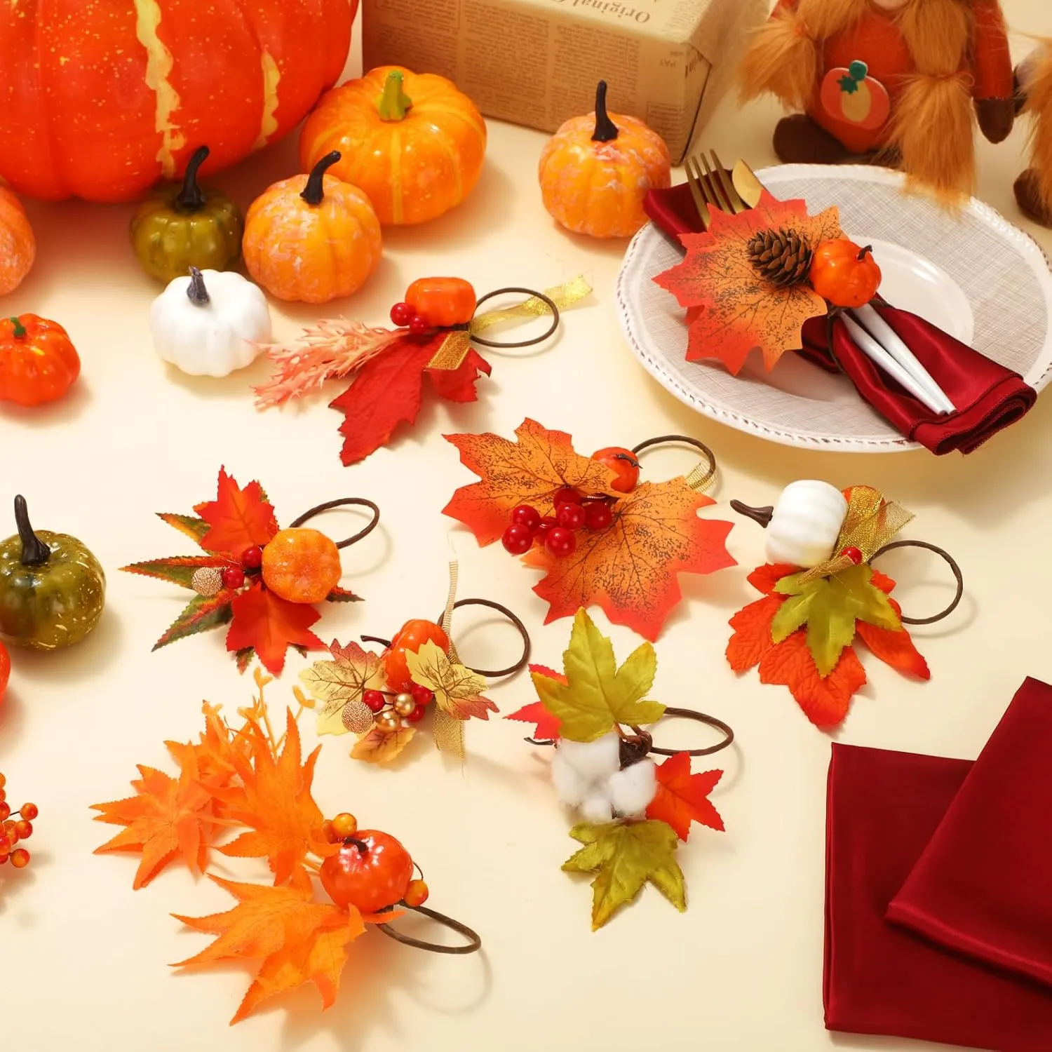 8-Piece Fall Napkin & Napkin Ring Set – Reusable Pumpkin & Maple Leaf Holders with Cloth Napkins for Thanksgiving Decor