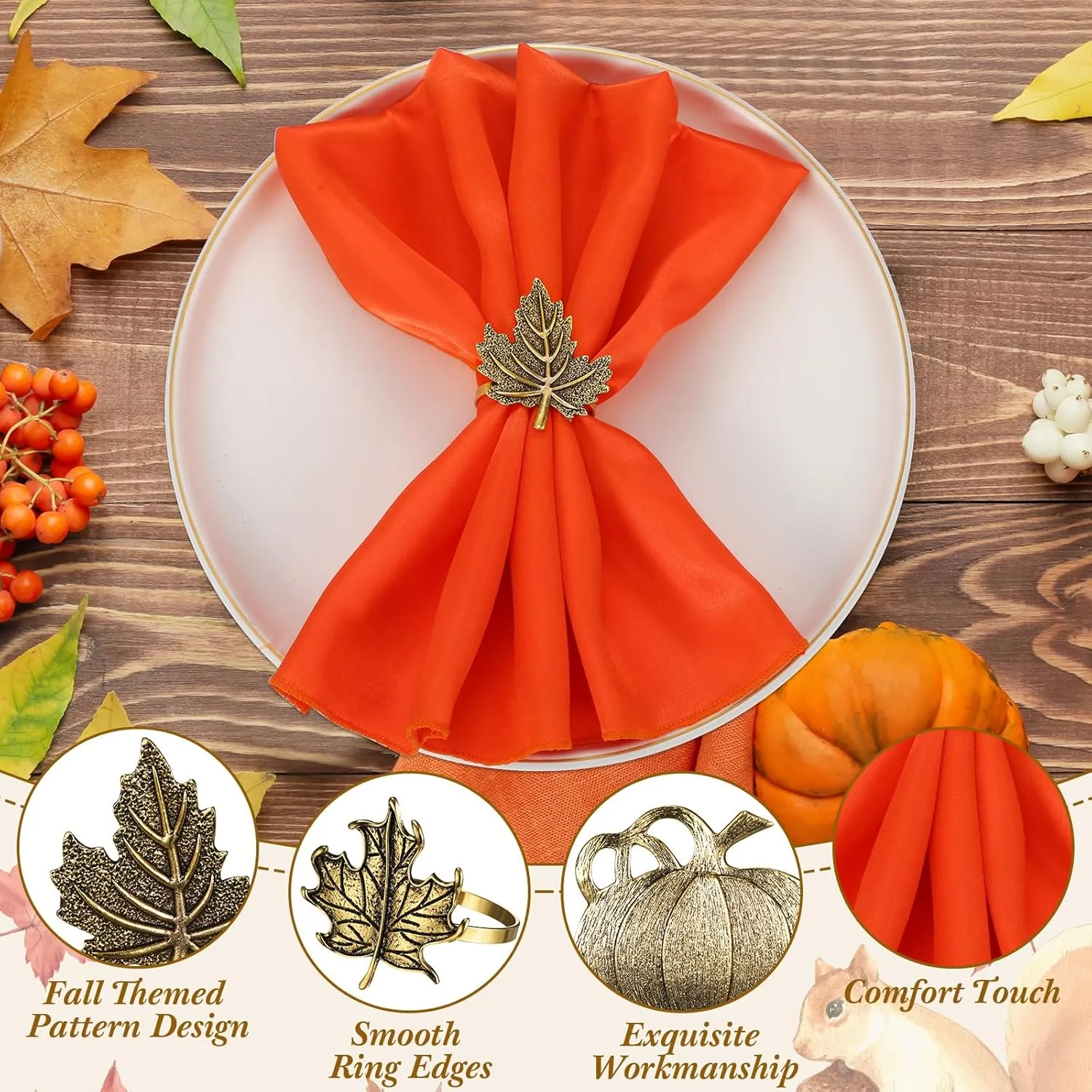 8-Piece Fall Napkin & Napkin Ring Set – Reusable Pumpkin & Maple Leaf Holders with Cloth Napkins for Thanksgiving Decor