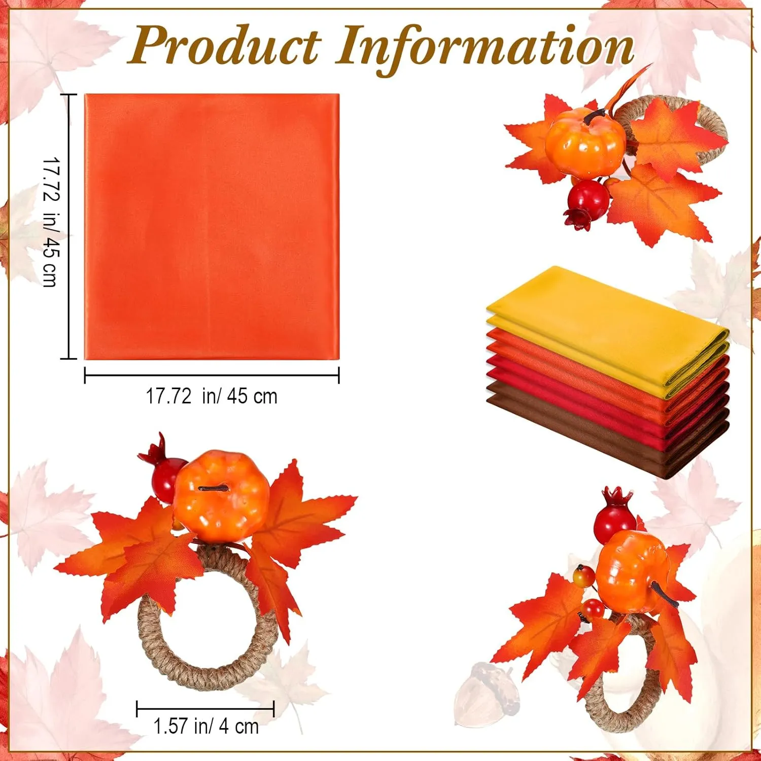 8-Piece Fall Napkin & Napkin Ring Set – Reusable Pumpkin & Maple Leaf Holders with Cloth Napkins for Thanksgiving Decor