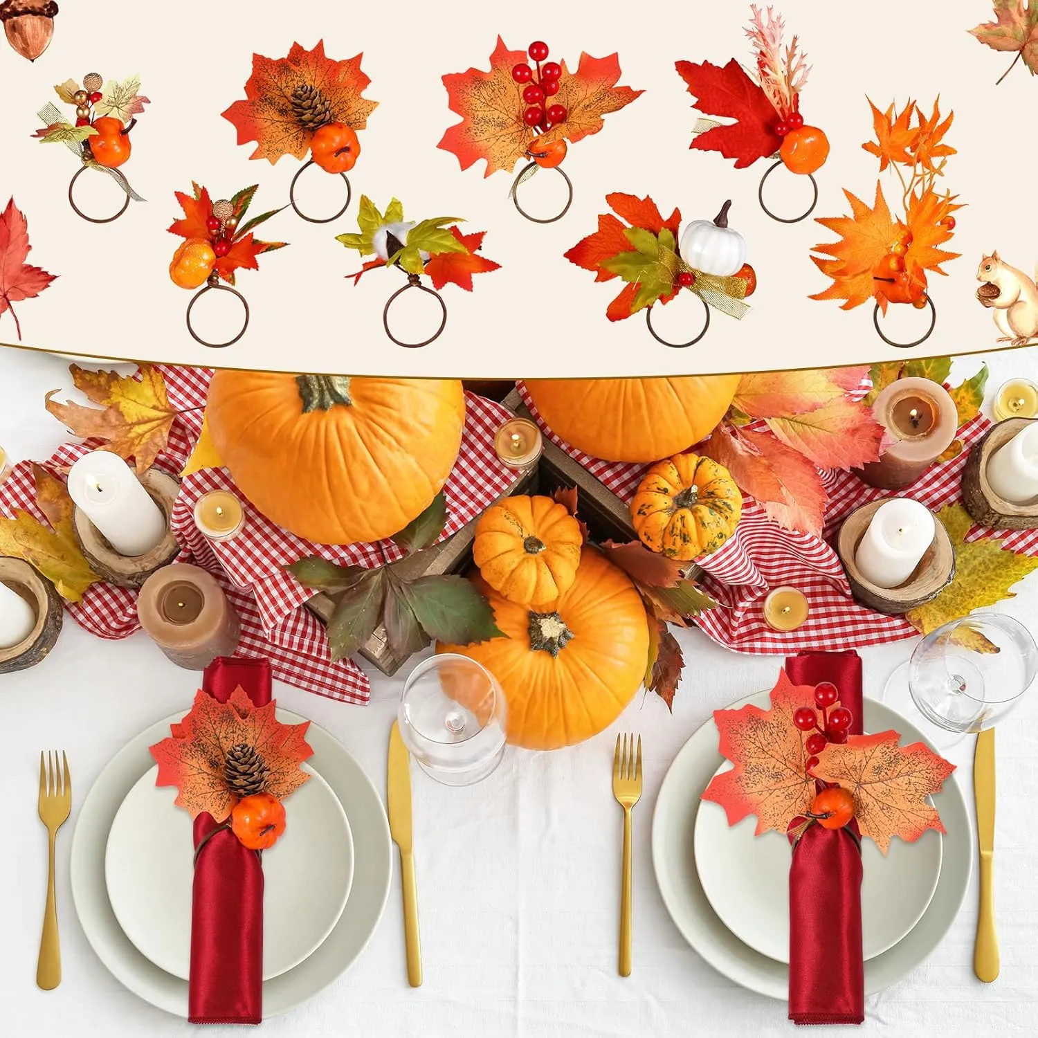 8-Piece Fall Napkin & Napkin Ring Set – Reusable Pumpkin & Maple Leaf Holders with Cloth Napkins for Thanksgiving Decor