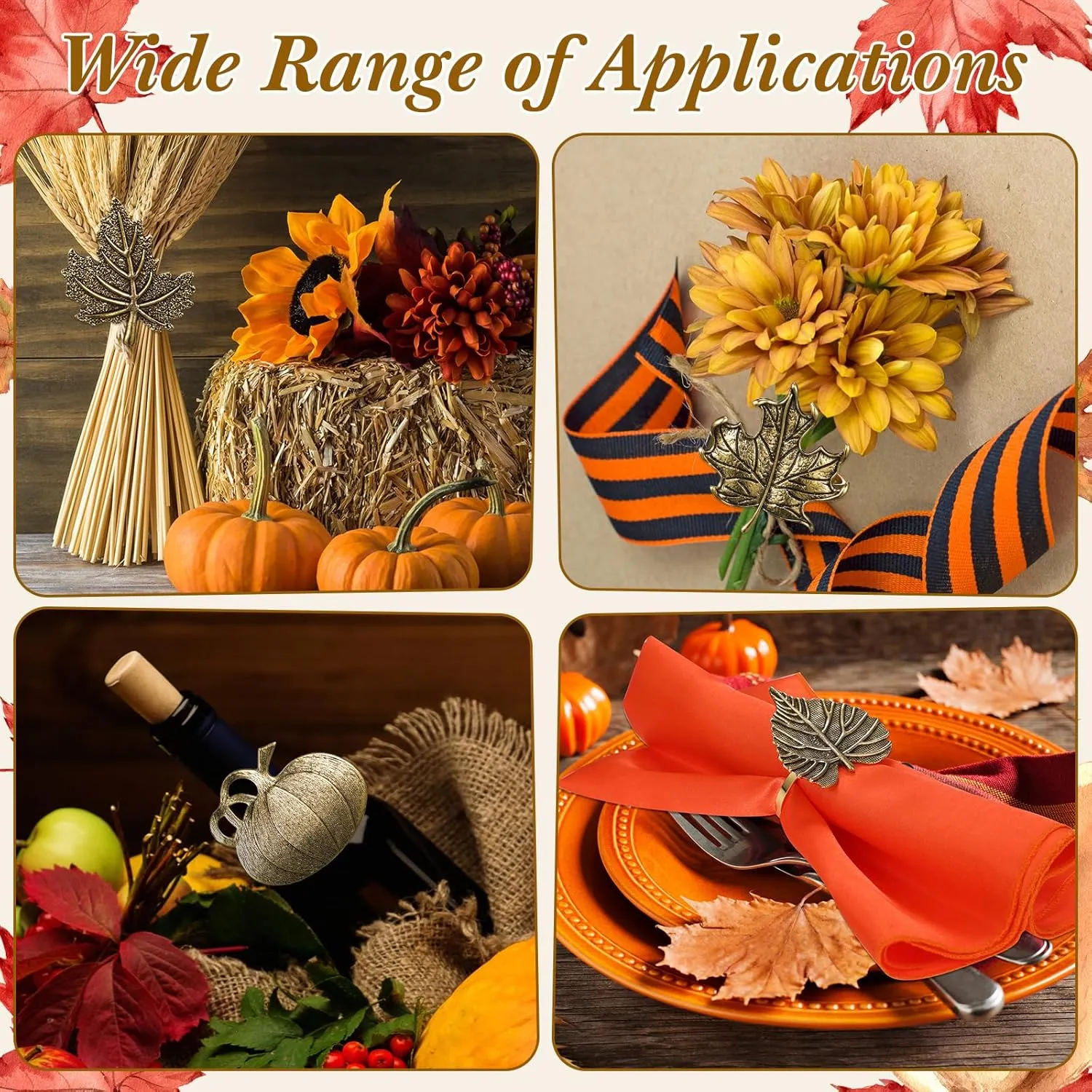 8-Piece Fall Napkin & Napkin Ring Set – Reusable Pumpkin & Maple Leaf Holders with Cloth Napkins for Thanksgiving Decor