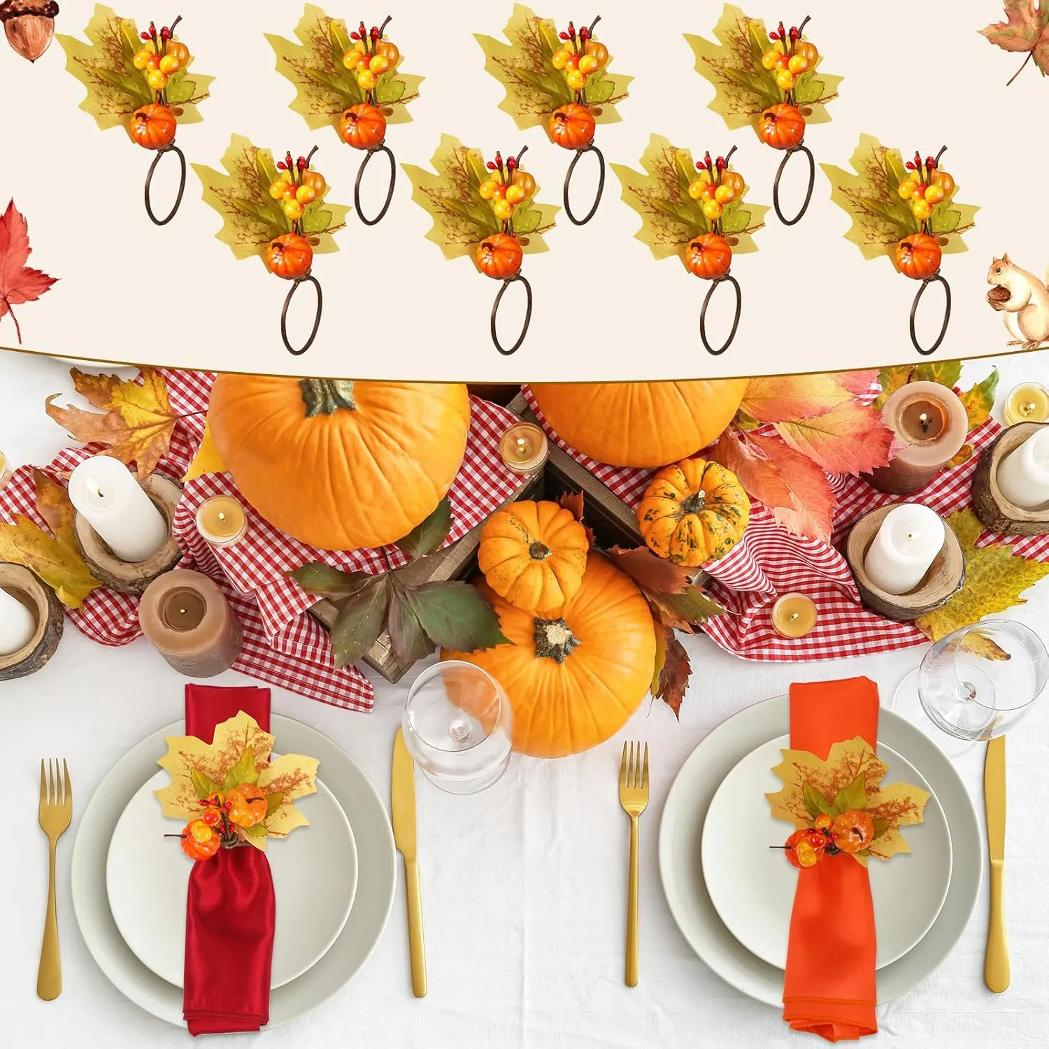 8-Piece Fall Napkin & Napkin Ring Set – Reusable Pumpkin & Maple Leaf Holders with Cloth Napkins for Thanksgiving Decor