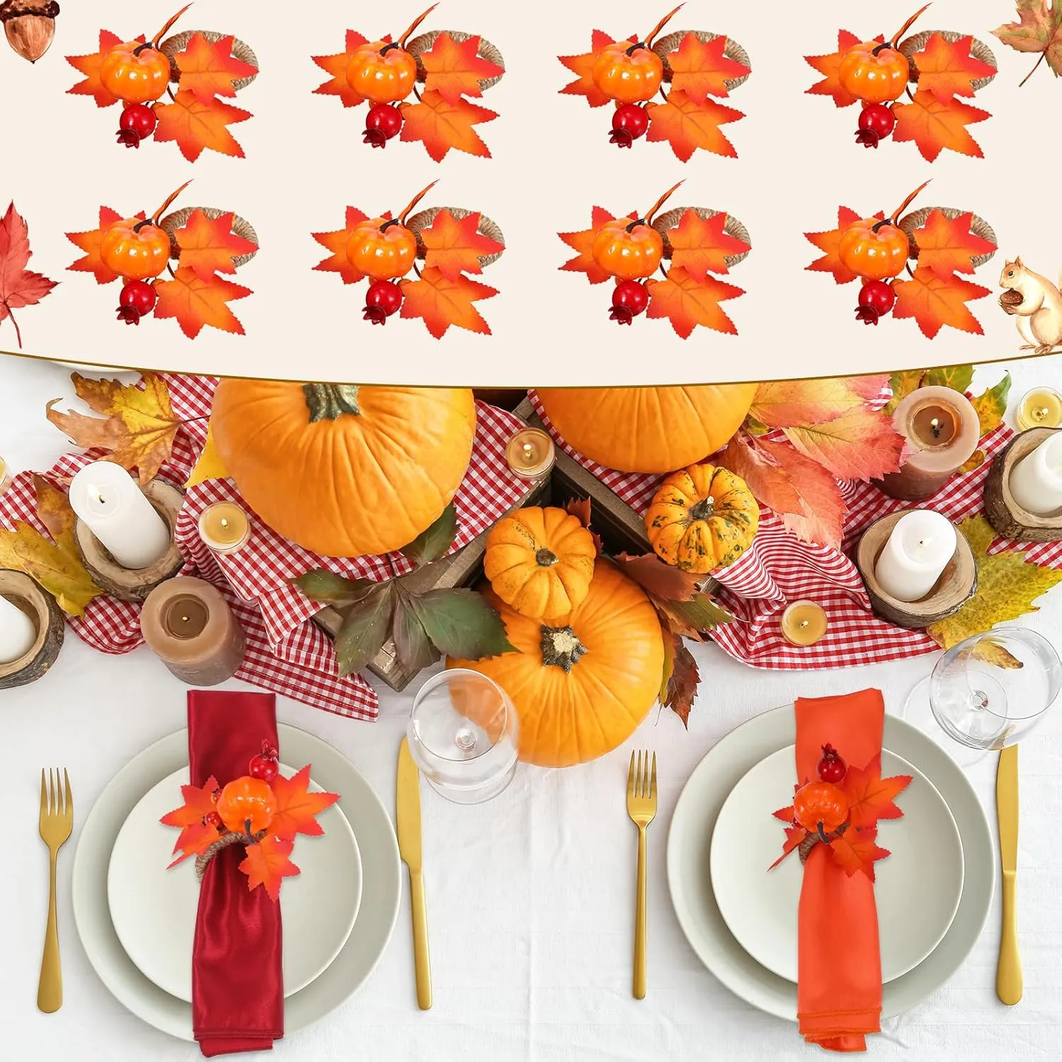 8-Piece Fall Napkin & Napkin Ring Set – Reusable Pumpkin & Maple Leaf Holders with Cloth Napkins for Thanksgiving Decor