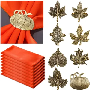 8-Piece Fall Napkin & Napkin Ring Set – Reusable Pumpkin & Maple Leaf Holders with Cloth Napkins for Thanksgiving Decor