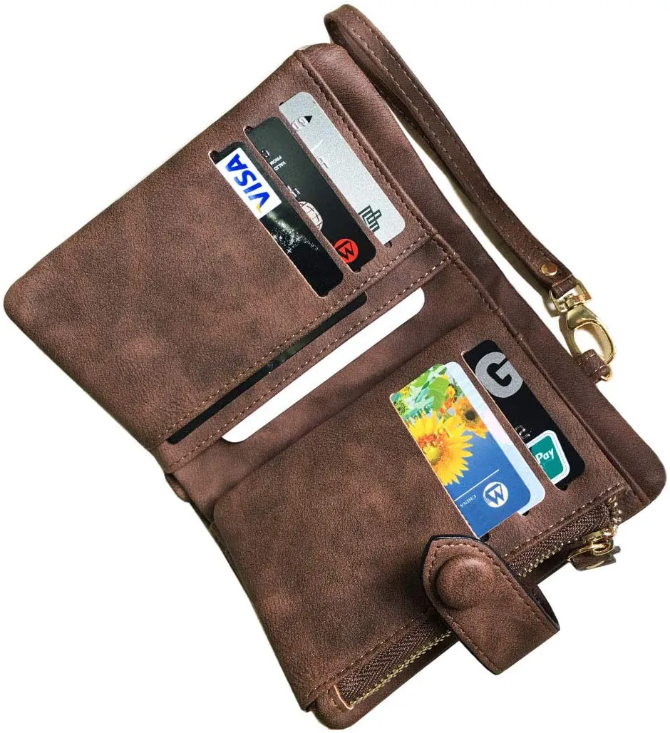 AOXONEL Women's Small Bifold Leather wallet Rfid blocking Ladies Wristlet with Card holder id window Coin Purse (Brown)