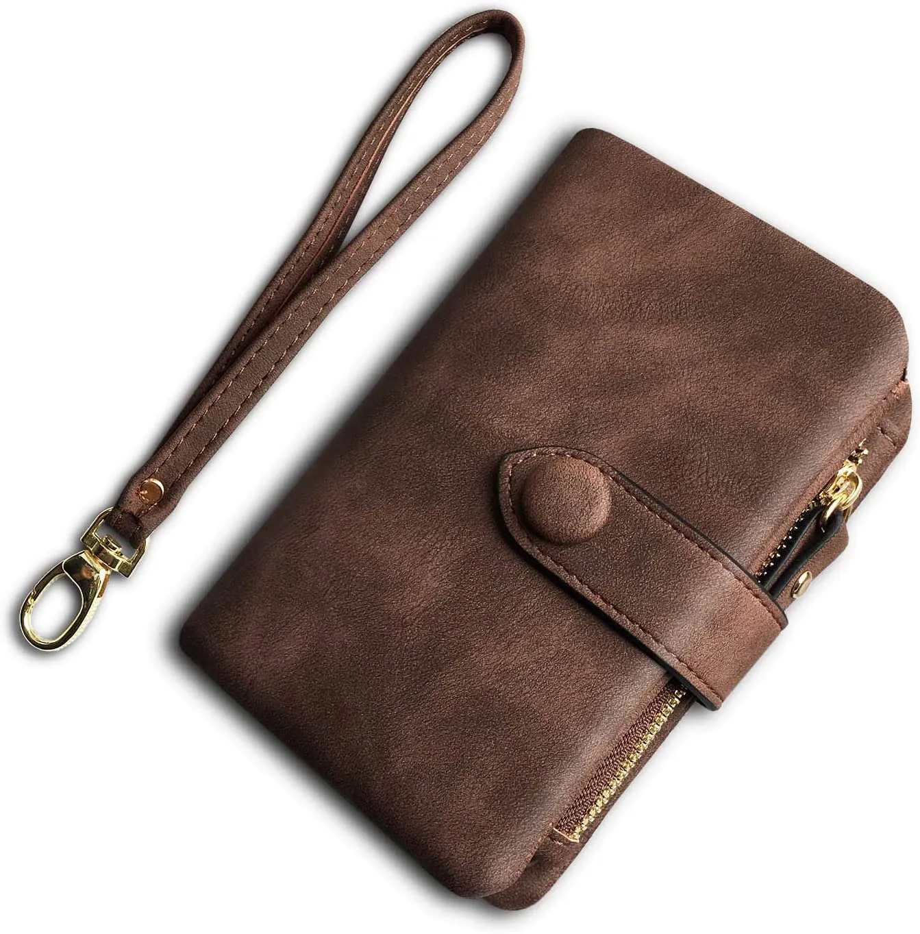 AOXONEL Women's Small Bifold Leather wallet Rfid blocking Ladies Wristlet with Card holder id window Coin Purse (Brown)