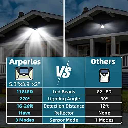 Arperles Solar Outdoor Lights, Wireless Motion Sensor Outdoor Lights, IP65 Solar Lights Outdoor Waterproof with 270° Wide Angle & 3 Modes for Front Door, Yard, Garage, Deck (118 LEDs/4 Packs)