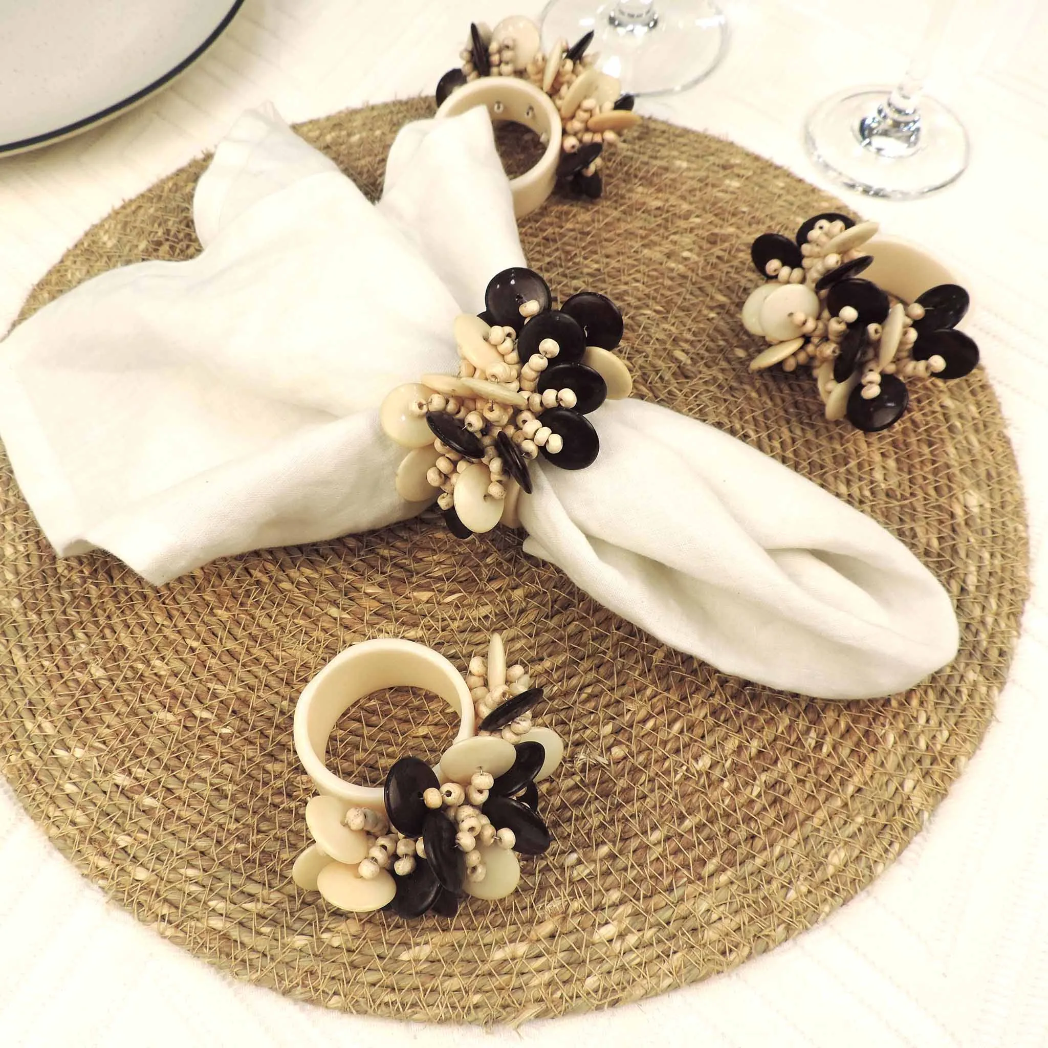 Coin Cluster Napkin Ring in Cream & Brown, Set of 4