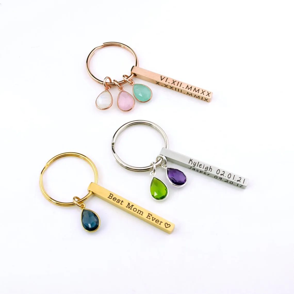 Custom Mother's Day Gift 3D Bar Keychain Birthstone Charms Four Sided Bar Personalized Keychain