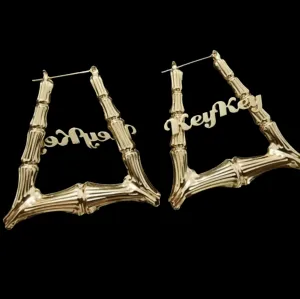 Custom Name Gold Plated Trapezoid Bamboo Hoop Earrings