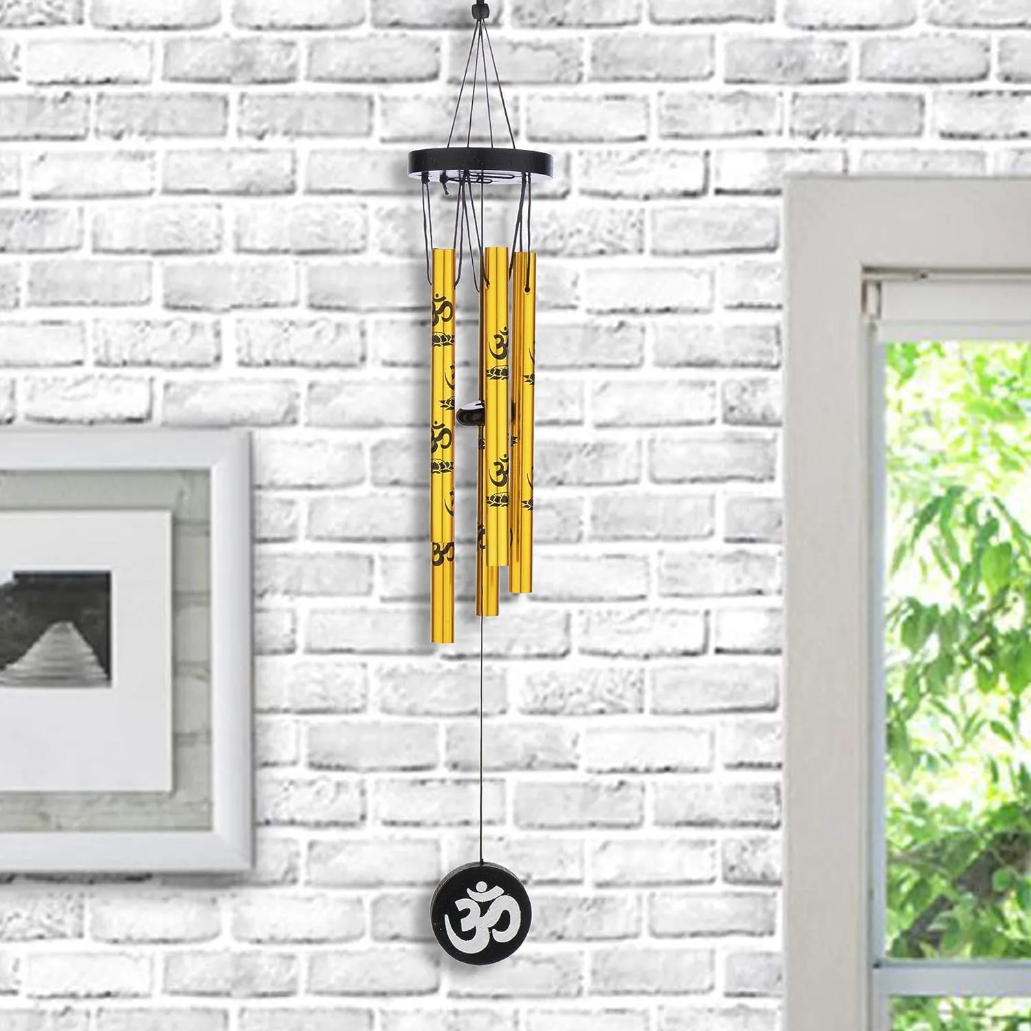 DailyBuy Feng Shui Metal Wind Chime with Om Printed on 5 Golden Pipes for Decorative of Home Office Outdoor Indoor Balcony | Hanging Bells Chime for Positive Energy Good Luck | 42cm x 6cm Pack of 1