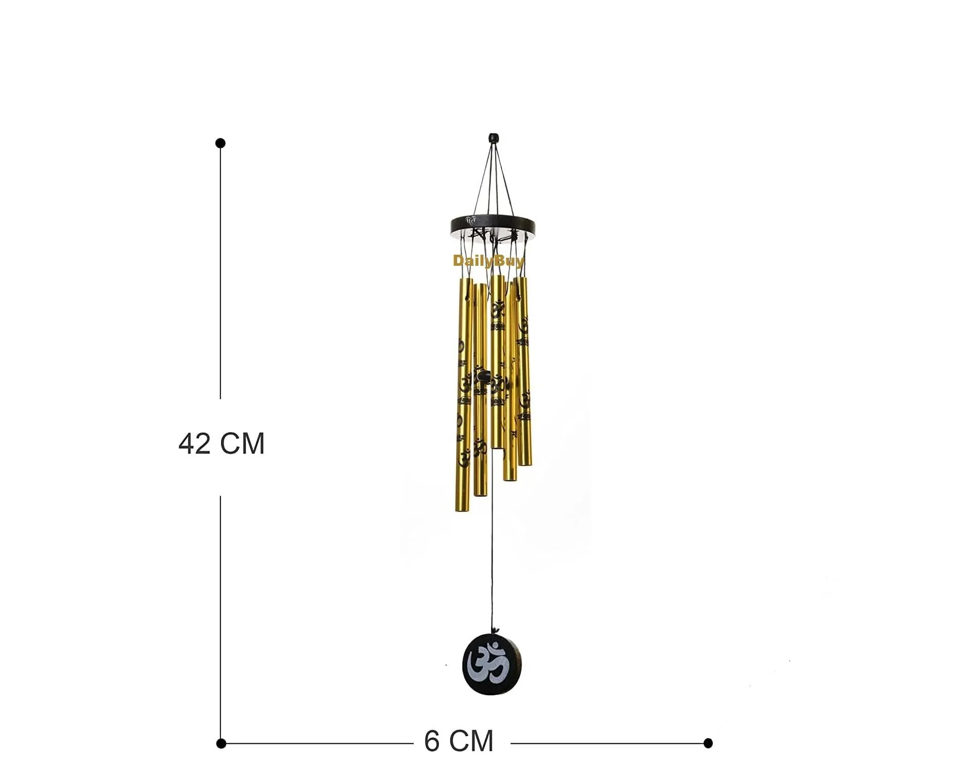 DailyBuy Feng Shui Metal Wind Chime with Om Printed on 5 Golden Pipes for Decorative of Home Office Outdoor Indoor Balcony | Hanging Bells Chime for Positive Energy Good Luck | 42cm x 6cm Pack of 1