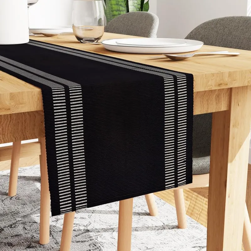 Encasa Homes Dining Set (6 Placemats in   1 Table Runner) | Ladder Black | Fine Ribbed Cotton | Modern Colours & Designs, Use at Home, Cafes, Restaurants & Hotels - Machine Washable