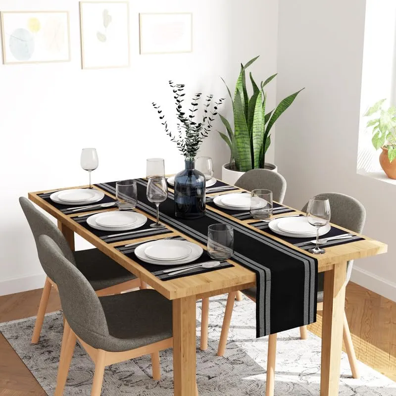 Encasa Homes Dining Set (6 Placemats in   1 Table Runner) | Ladder Black | Fine Ribbed Cotton | Modern Colours & Designs, Use at Home, Cafes, Restaurants & Hotels - Machine Washable