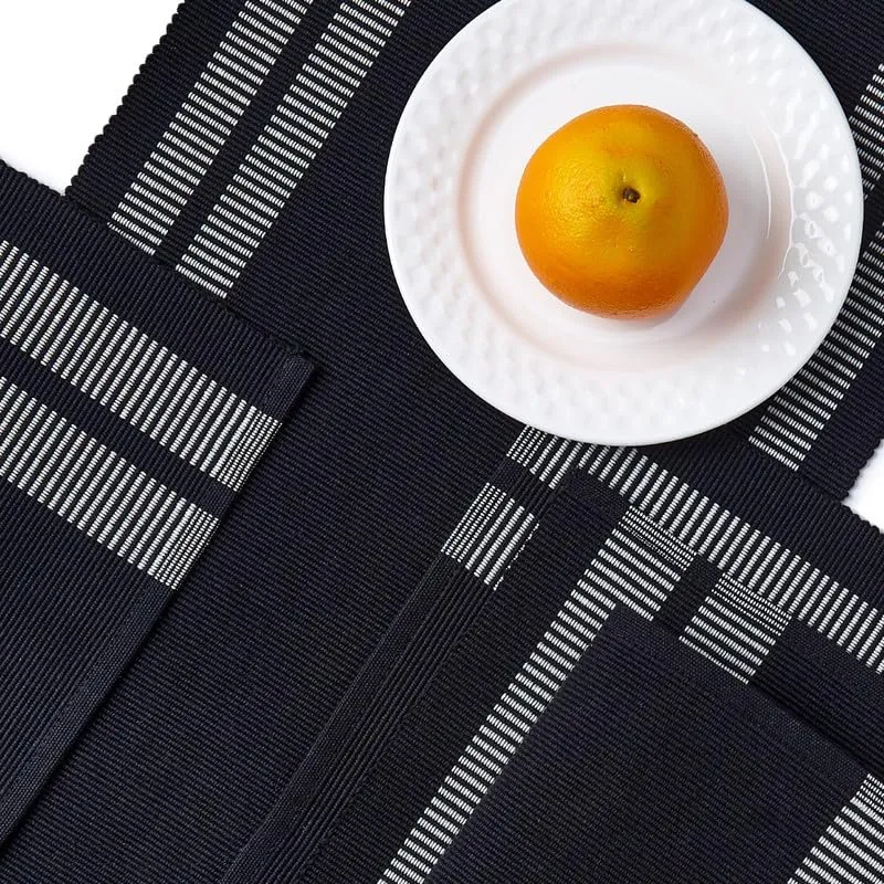 Encasa Homes Dining Set (6 Placemats in   1 Table Runner) | Ladder Black | Fine Ribbed Cotton | Modern Colours & Designs, Use at Home, Cafes, Restaurants & Hotels - Machine Washable