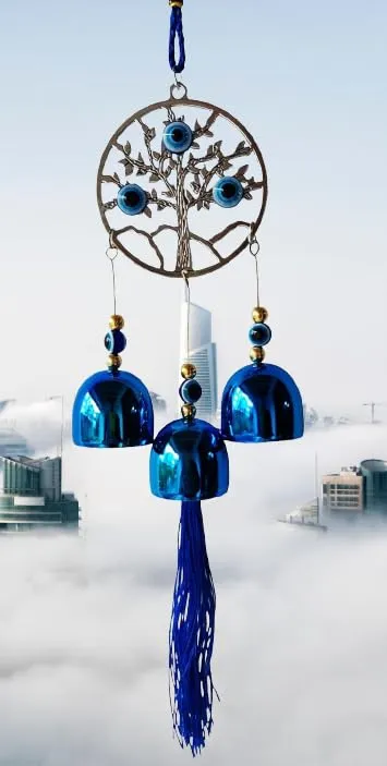 Evil Eye Wind Chime Circle Tree with 3 Bells Blue for Home & Office Wall Hanging for Home Protection | Car Hanging | Brings Positive Vibes & Removes Negative Energy | Turkish Evil Eye Wind Chime