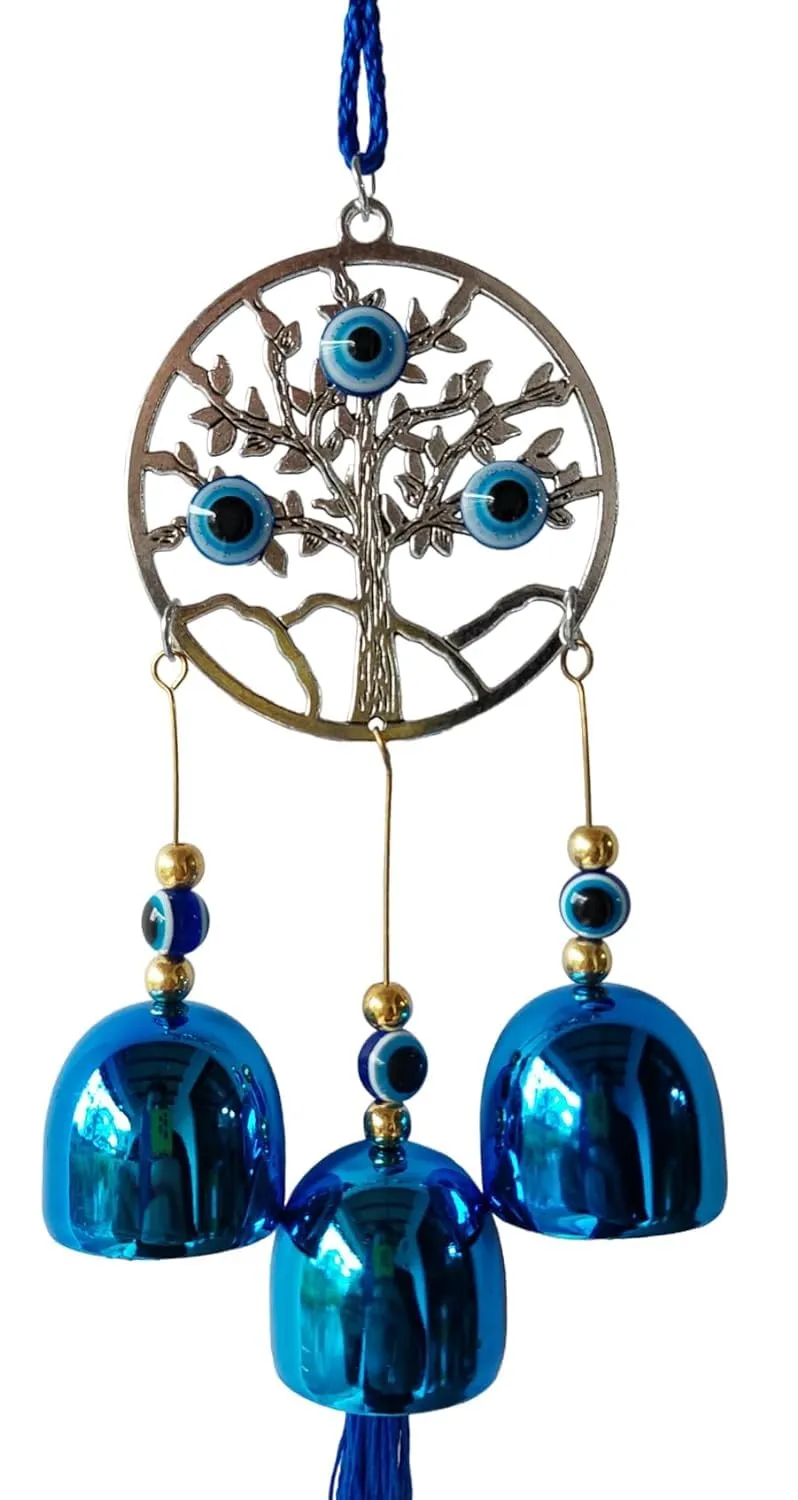 Evil Eye Wind Chime Circle Tree with 3 Bells Blue for Home & Office Wall Hanging for Home Protection | Car Hanging | Brings Positive Vibes & Removes Negative Energy | Turkish Evil Eye Wind Chime