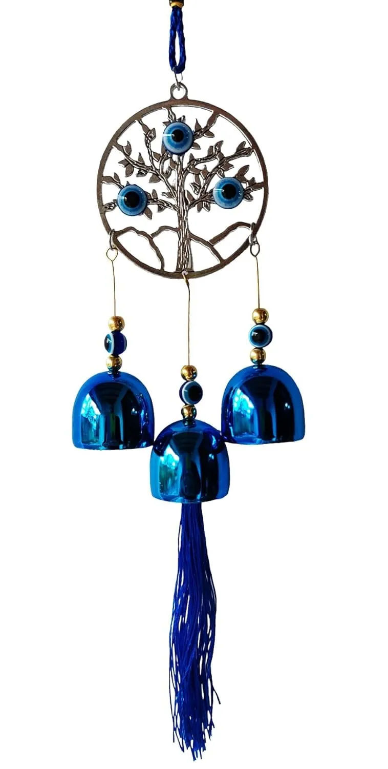 Evil Eye Wind Chime Circle Tree with 3 Bells Blue for Home & Office Wall Hanging for Home Protection | Car Hanging | Brings Positive Vibes & Removes Negative Energy | Turkish Evil Eye Wind Chime