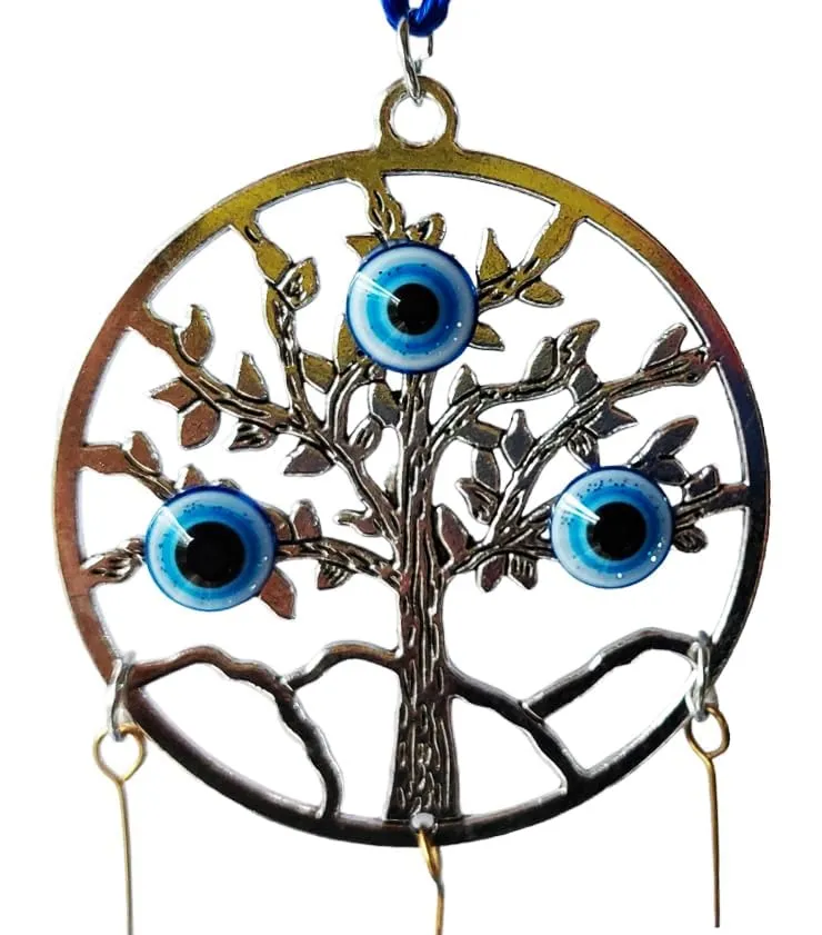 Evil Eye Wind Chime Circle Tree with 3 Bells Blue for Home & Office Wall Hanging for Home Protection | Car Hanging | Brings Positive Vibes & Removes Negative Energy | Turkish Evil Eye Wind Chime