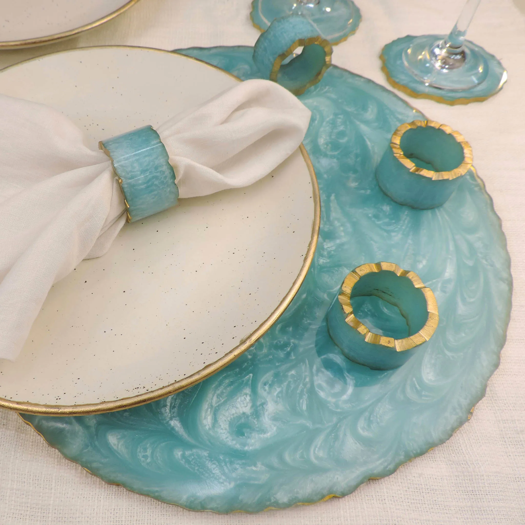 Glamour Resin Napkin Ring In Aqua & Gold, Set of 4