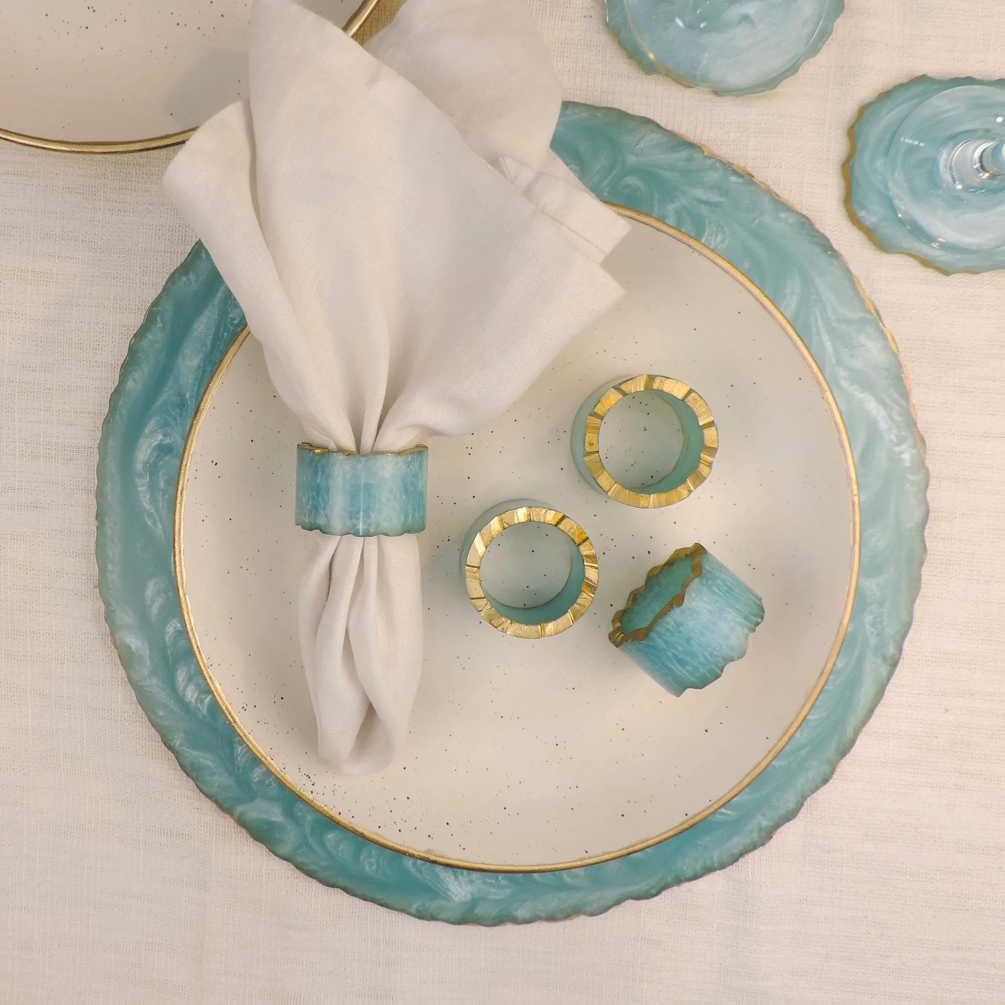 Glamour Resin Napkin Ring In Aqua & Gold, Set of 4