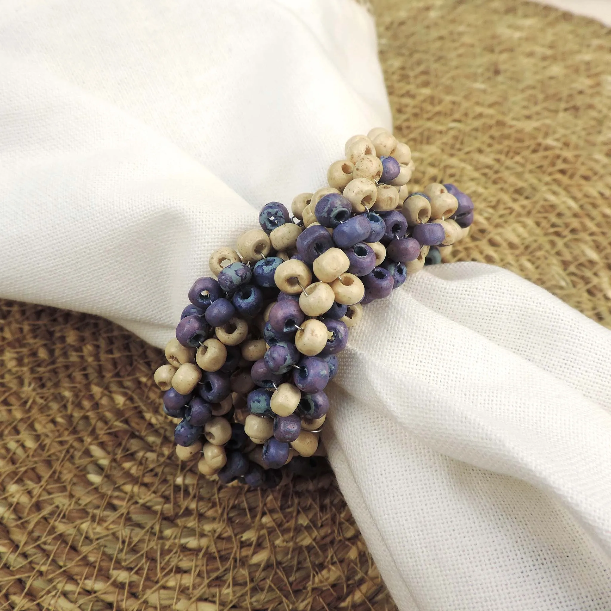 Hand Beaded Wooden Napkin Ring in Aqua & Cream, Set of 4