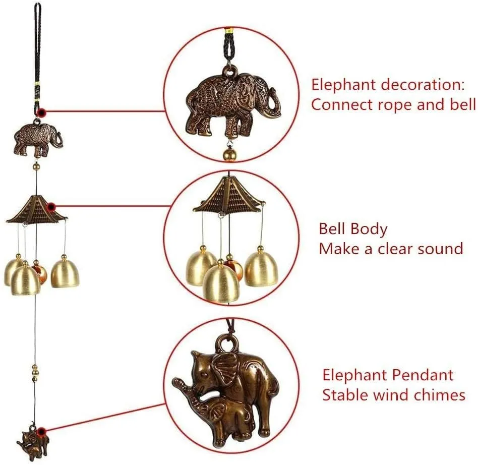 Hardik Home Dcor 3 Bell Feng Shui Positive Energy Elephant Metal Wind Chimes for Home & Office (20 inch)