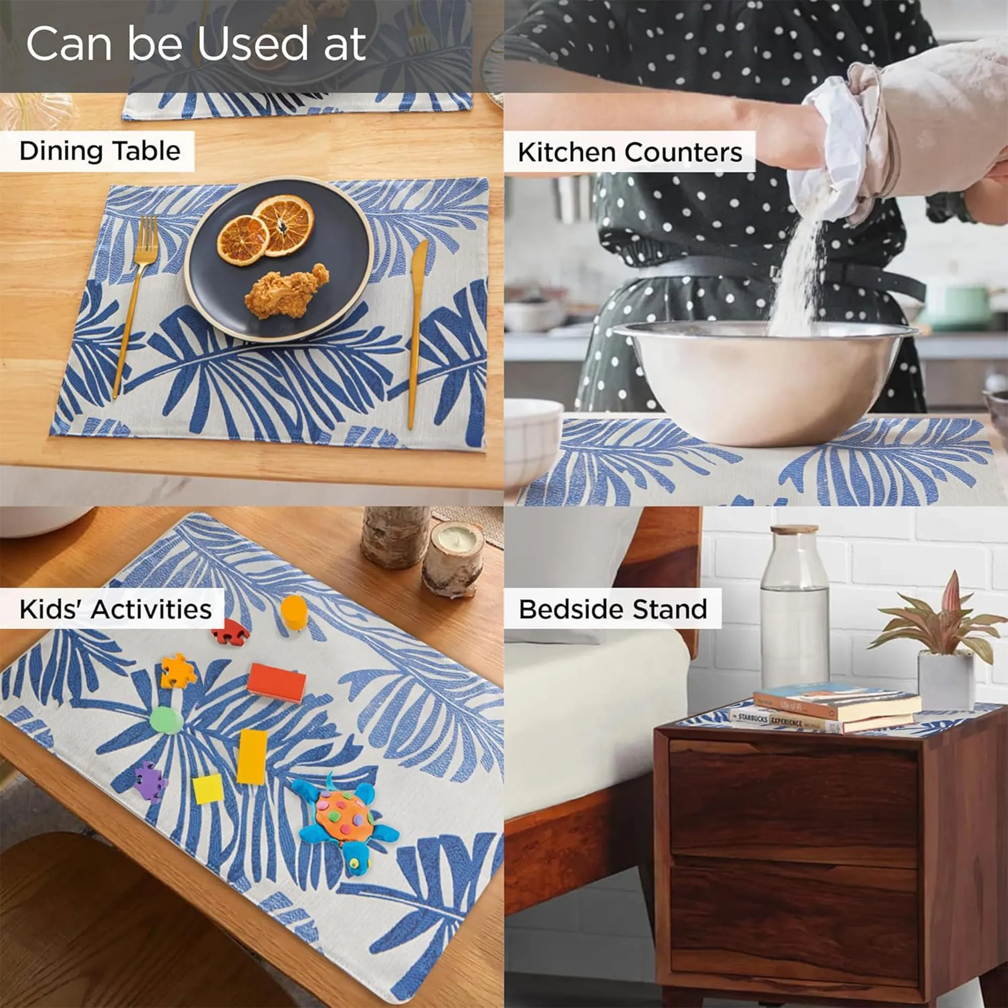 Kuber Industries 30 Pcs Dining Table Mats | Jacquard Cloth Placemats for Food Plates & Hot Pots for Home | Leaf Design -White & Blue