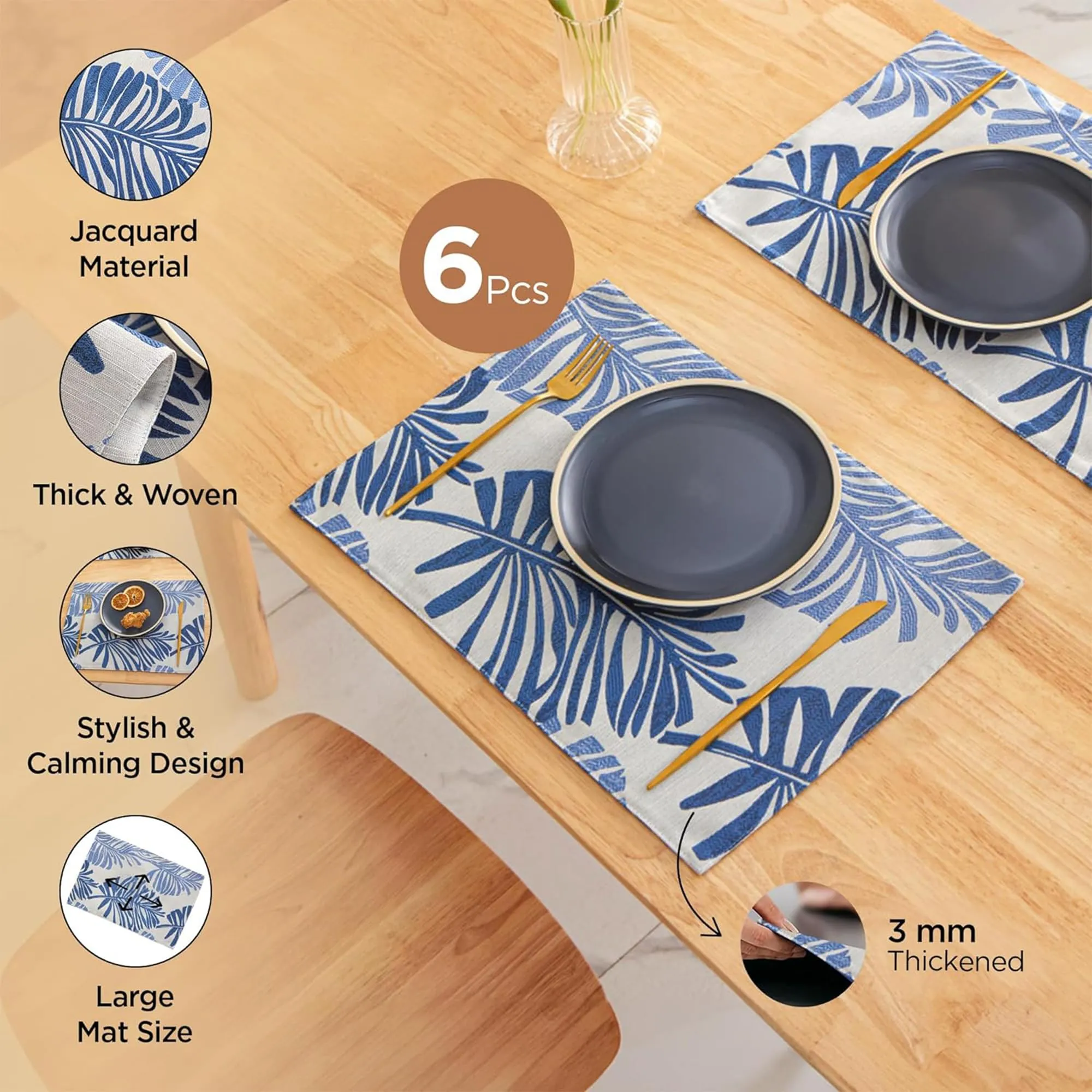 Kuber Industries 30 Pcs Dining Table Mats | Jacquard Cloth Placemats for Food Plates & Hot Pots for Home | Leaf Design -White & Blue