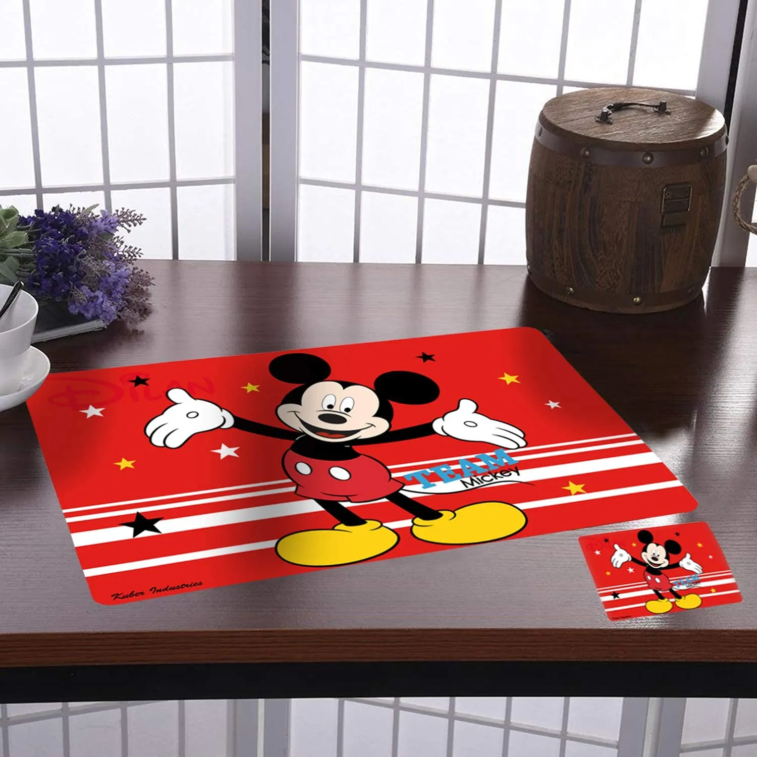 Kuber Industries Disney Team Mickey Printed PVC Stain Resistant, Anti-Skid, Waterproof 6 Pcs Placemats with 6 Pcs Tea Coasters Set for Dining Kitchen Restaurant Table, Set of 12 (Red)