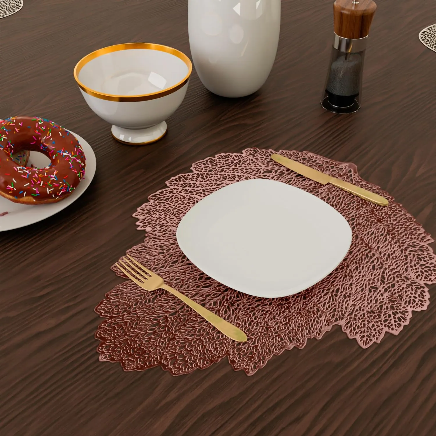 Kuber Industries Placemat | Placemats for Dining Room | Designer Table Mat Set | Placemats for Kitchen Table | Side Table Placemats | Patta Shape Placemat | 6 Piece Set | Copper