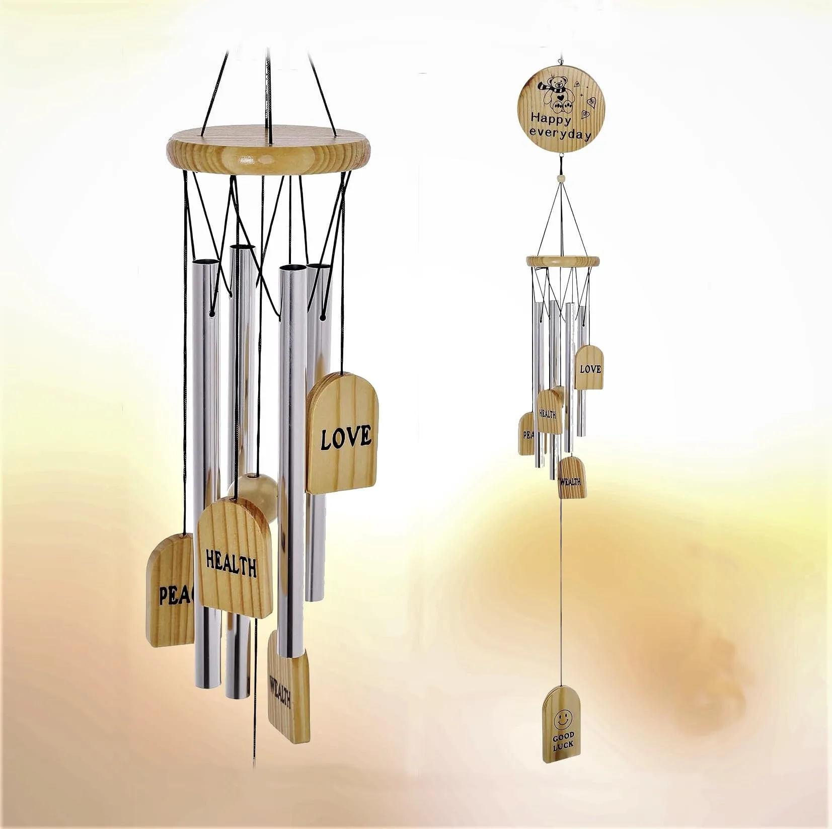 Lilone Happy Everyday Silver Wind Chimes with 4 Aluminium Pipes, 75cm Long, Good Sound, Wood Tags Love, Peace, Health Wealth, Good Luck