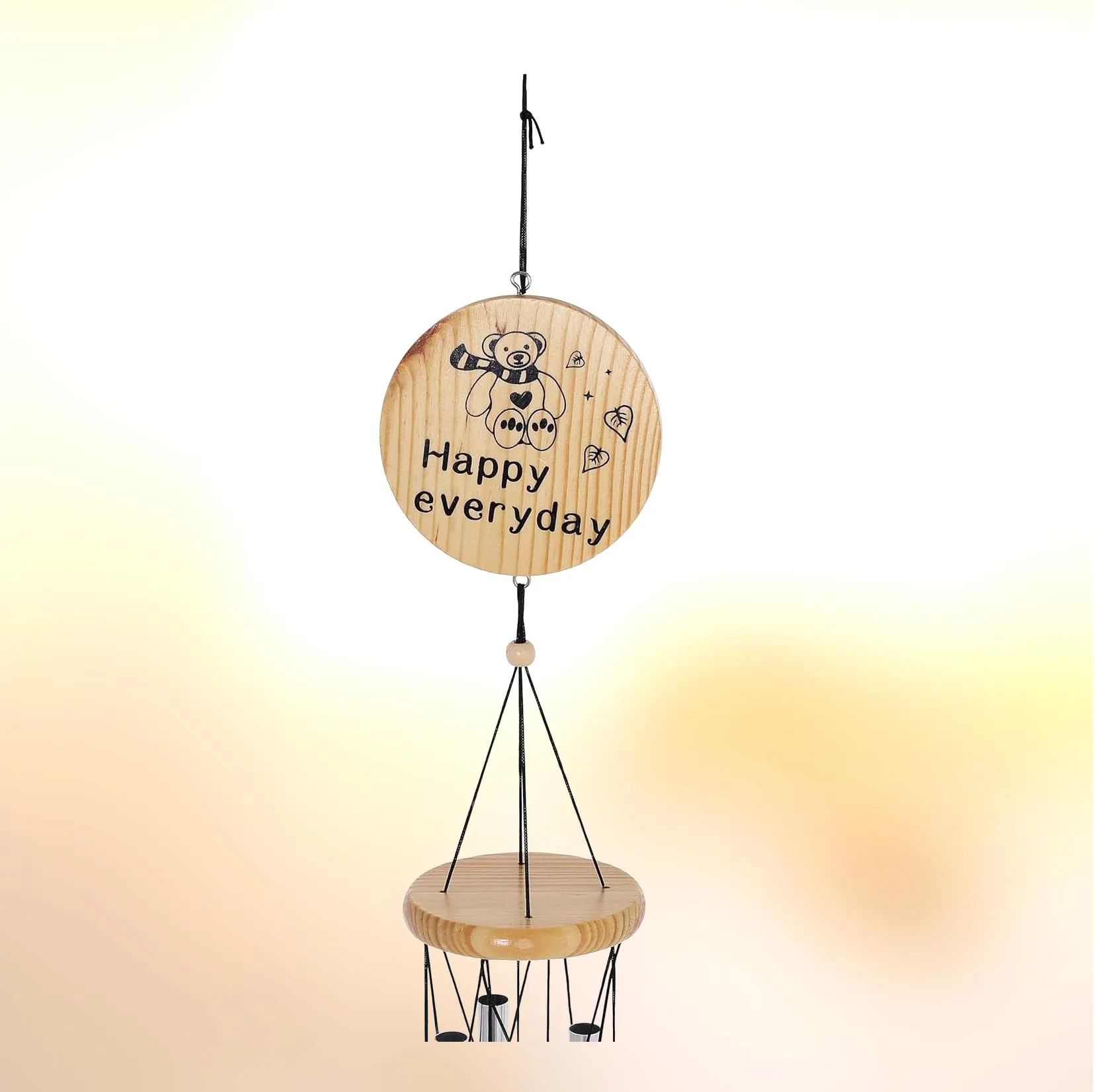 Lilone Happy Everyday Silver Wind Chimes with 4 Aluminium Pipes, 75cm Long, Good Sound, Wood Tags Love, Peace, Health Wealth, Good Luck